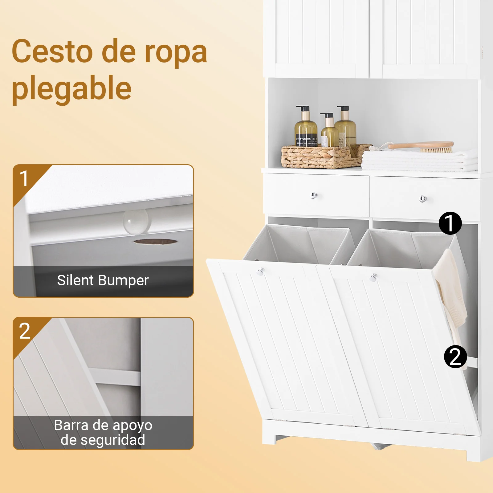 SoBuy BZR215-W Armario Alto de Baño con 2 Cestos para Ropa y 2 Cajones Blanco - Image 8