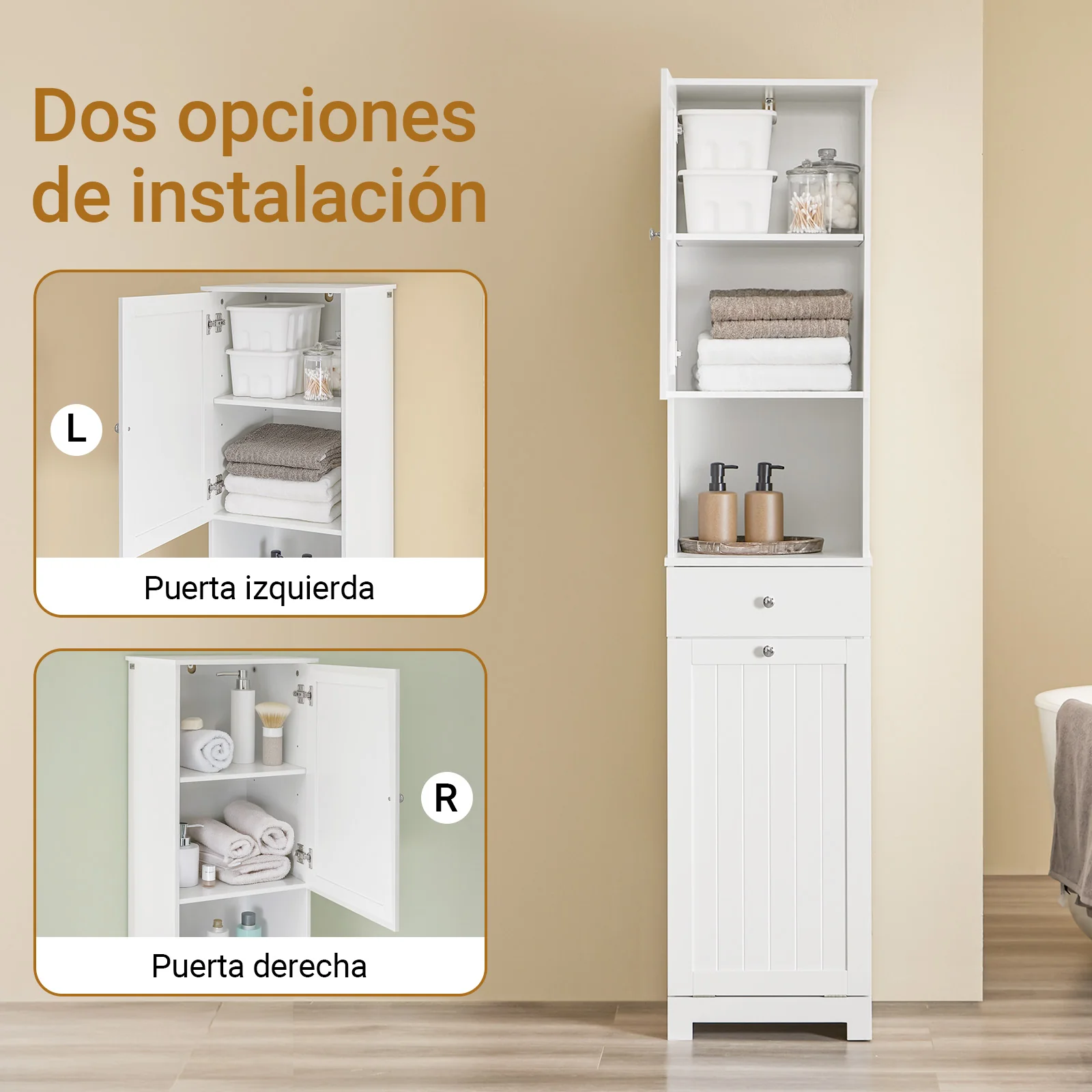 SoBuy BZR216-W Armario Alto Mueble Columna de Baño con 1 Cesto Ropa y 1 Puerta Blanco - Image 5