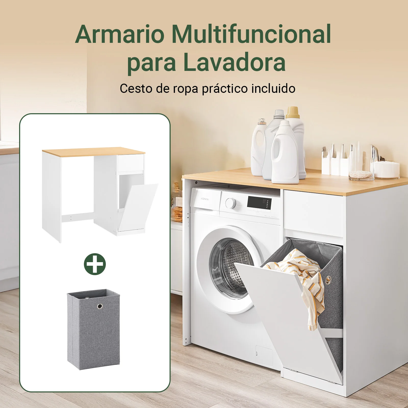 SoBuy BZR217-WN Armario para Lavadora con cesto de ropa Blanco 100×60×90 cm - Image 6