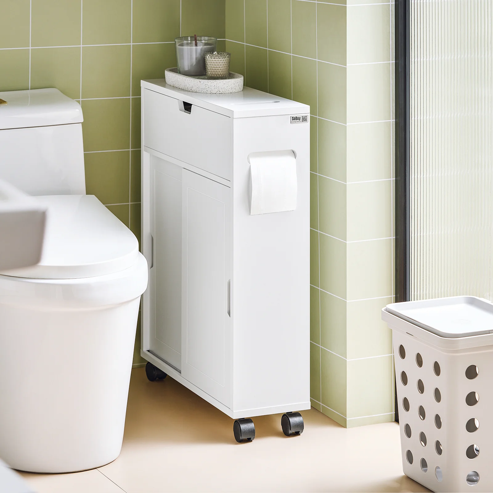 SoBuy BZR31-W Armario Auxiliar Baño con 2 Puertas y 1 cajón Blanco - Image 5