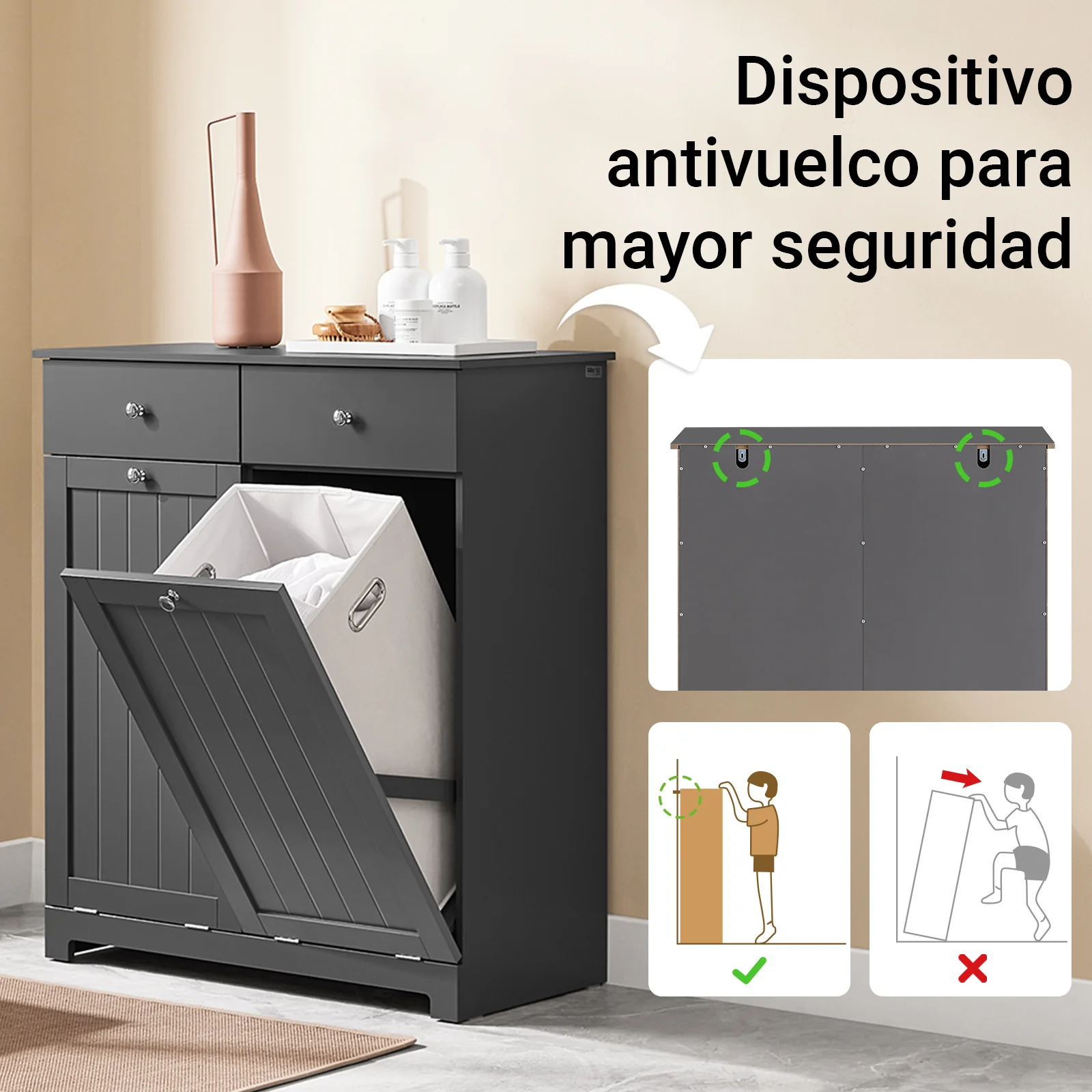 SoBuy BZR33-II-DG Armario baño Cesto para Ropa Sucia con 2 Cestos y 2 Cajones Gris - Image 5
