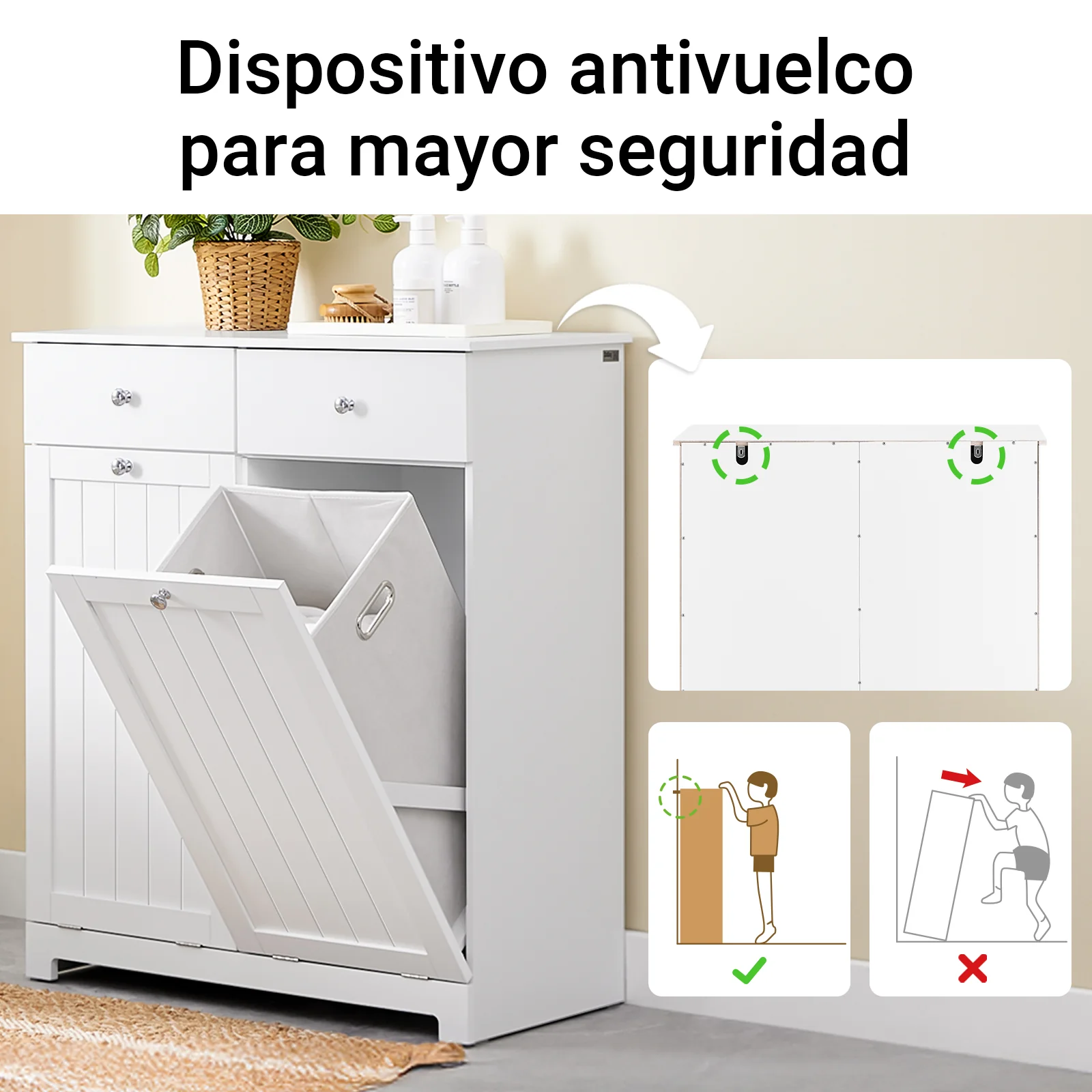 SoBuy BZR33-II-W Mueble Ropa Sucia Armario de baño con 2 Cestos para Colada y 2 cajones Blanco - Image 7