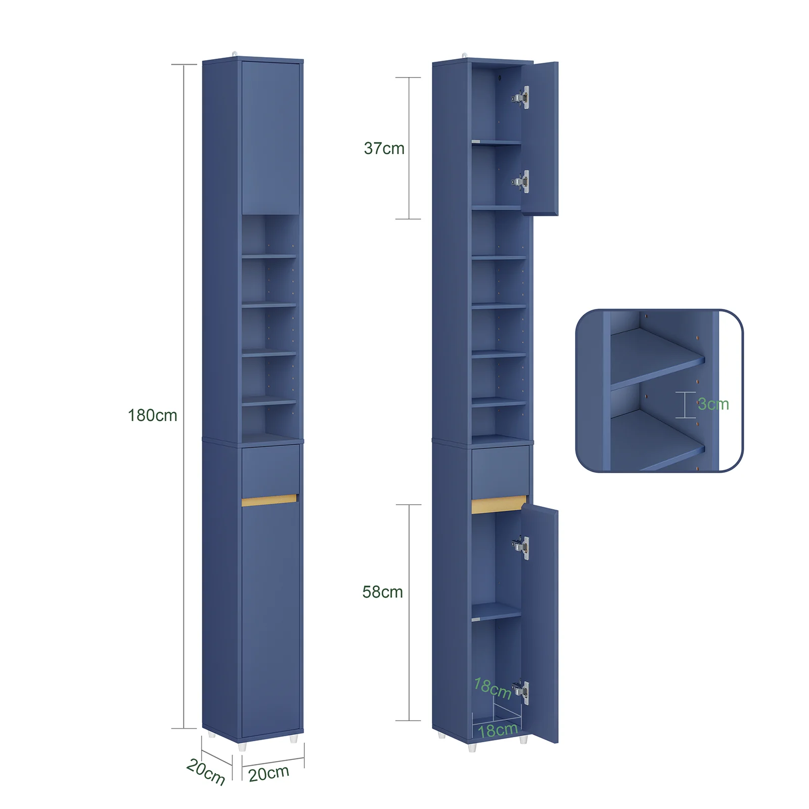 SoBuy BZR34-II-B Mueble Columna de Baño Estrecho con 5 Estantes 2 Puertas y 1 Cajón Azul Oscuro - Image 3