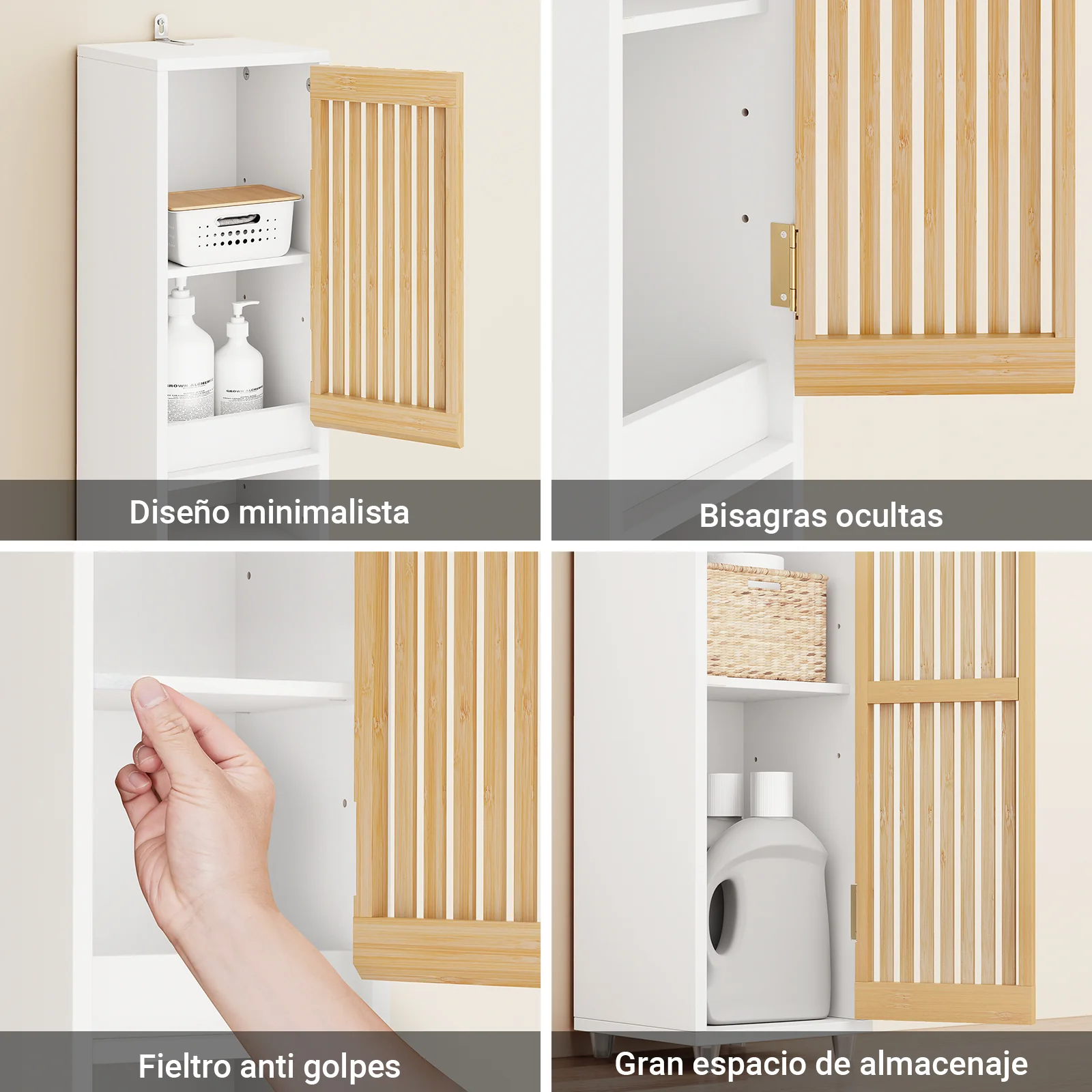 SoBuy BZR34-BW Armario Estrecho de Baño con Puertas de Bambú Blanco 20x20x180cm - Image 10