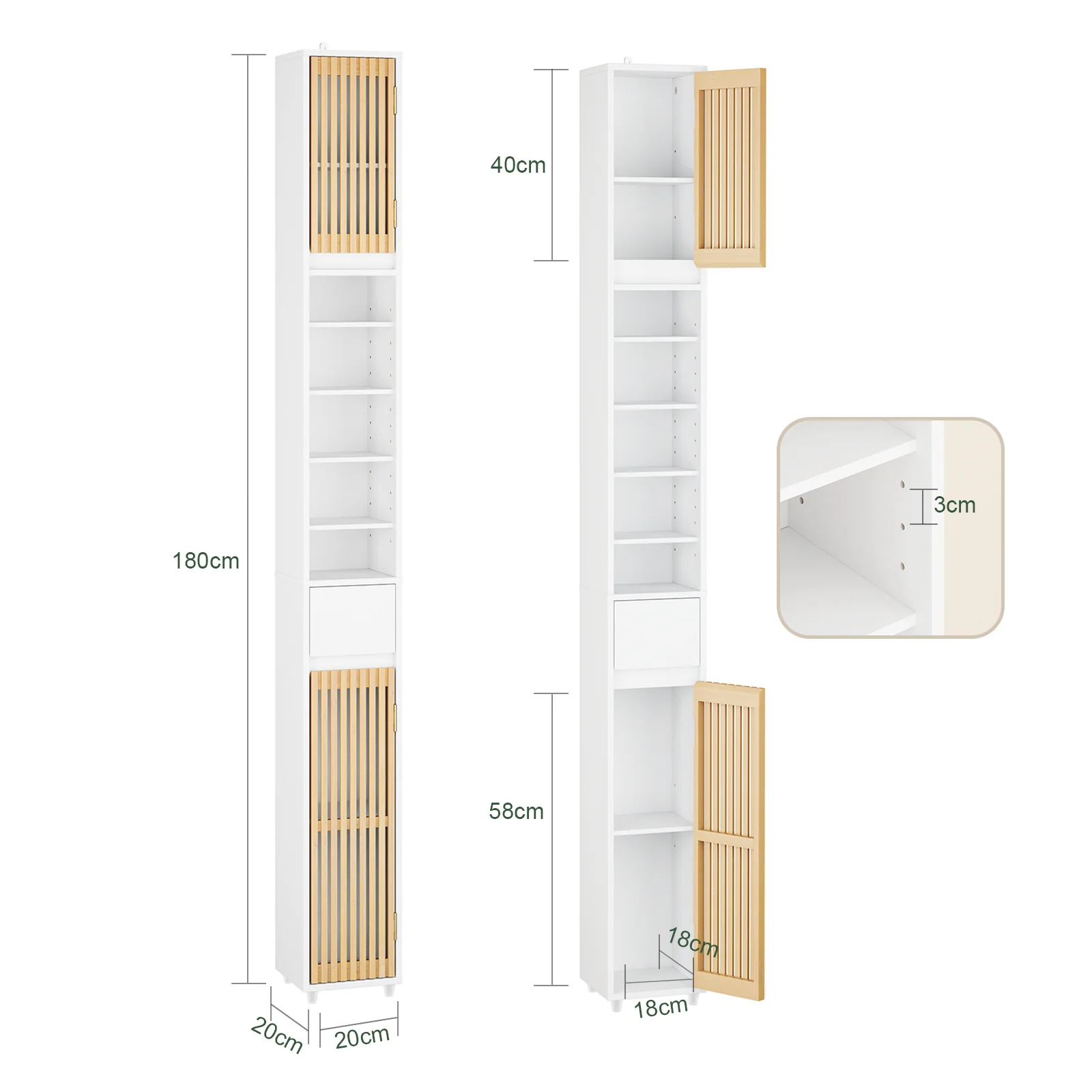 SoBuy BZR34-BW Armario Estrecho de Baño con Puertas de Bambú Blanco 20x20x180cm - Image 3