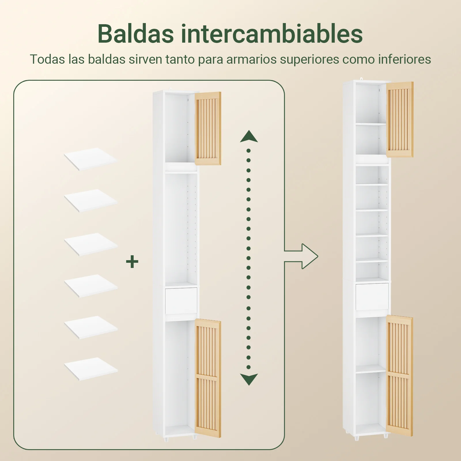 SoBuy BZR34-BW Armario Estrecho de Baño con Puertas de Bambú Blanco 20x20x180cm - Image 5