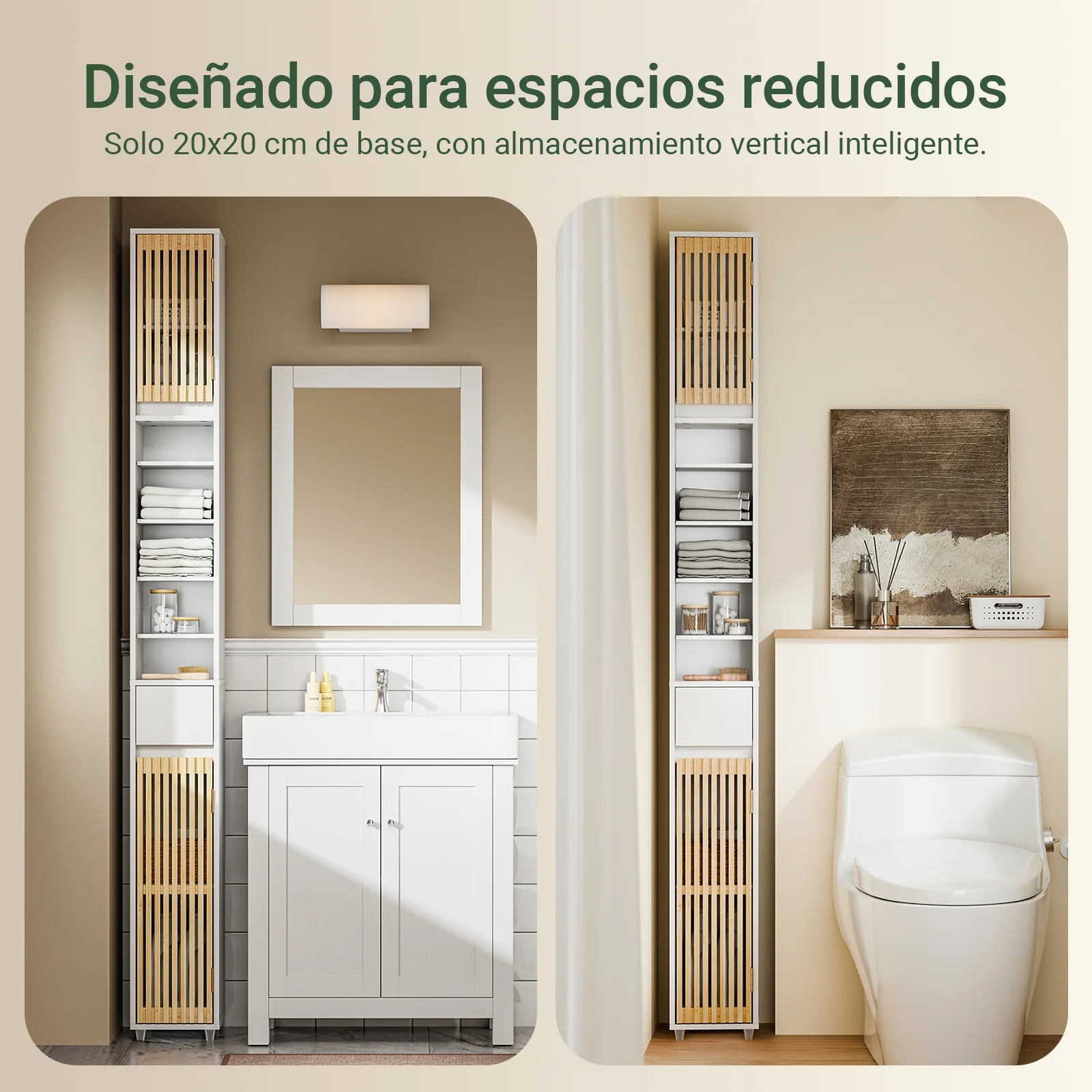 SoBuy BZR34-BW Armario Estrecho de Baño con Puertas de Bambú Blanco 20x20x180cm - Image 9
