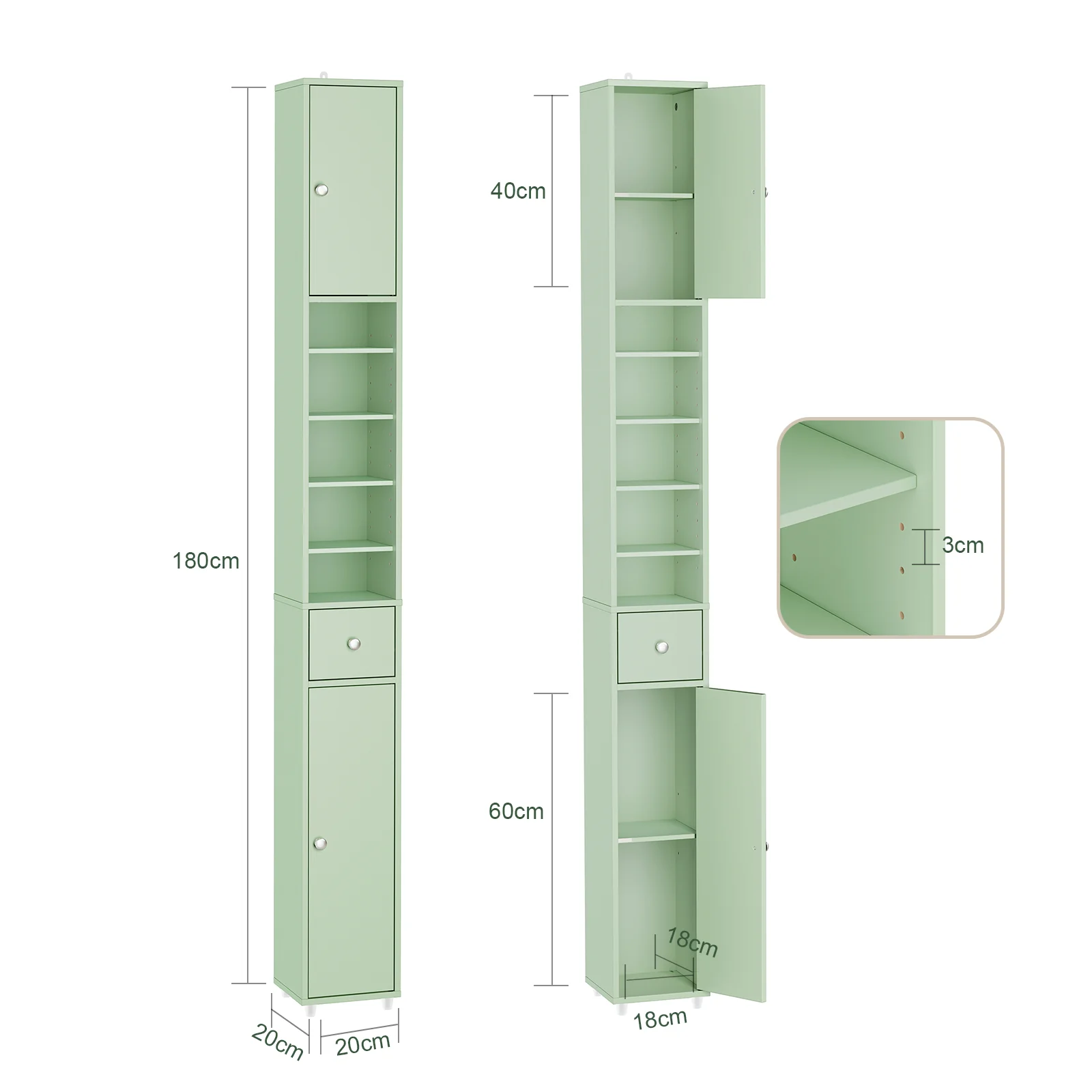 SoBuy BZR34-II-GR Mueble Columna de Baño con 5 Estantes 2 Puertas y 1 Cajón Verde - Image 3