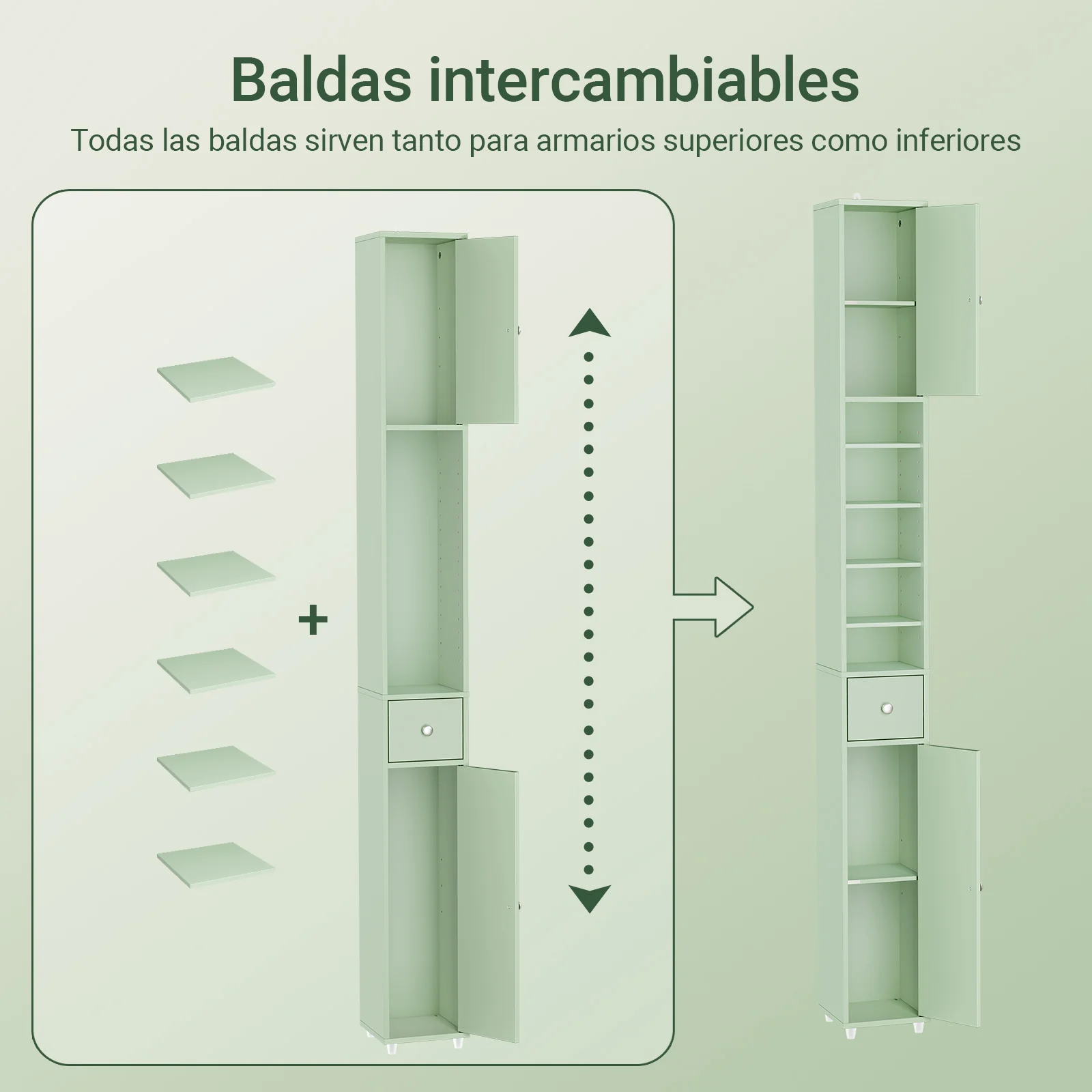 SoBuy BZR34-II-GR Mueble Columna de Baño con 5 Estantes 2 Puertas y 1 Cajón Verde - Image 4