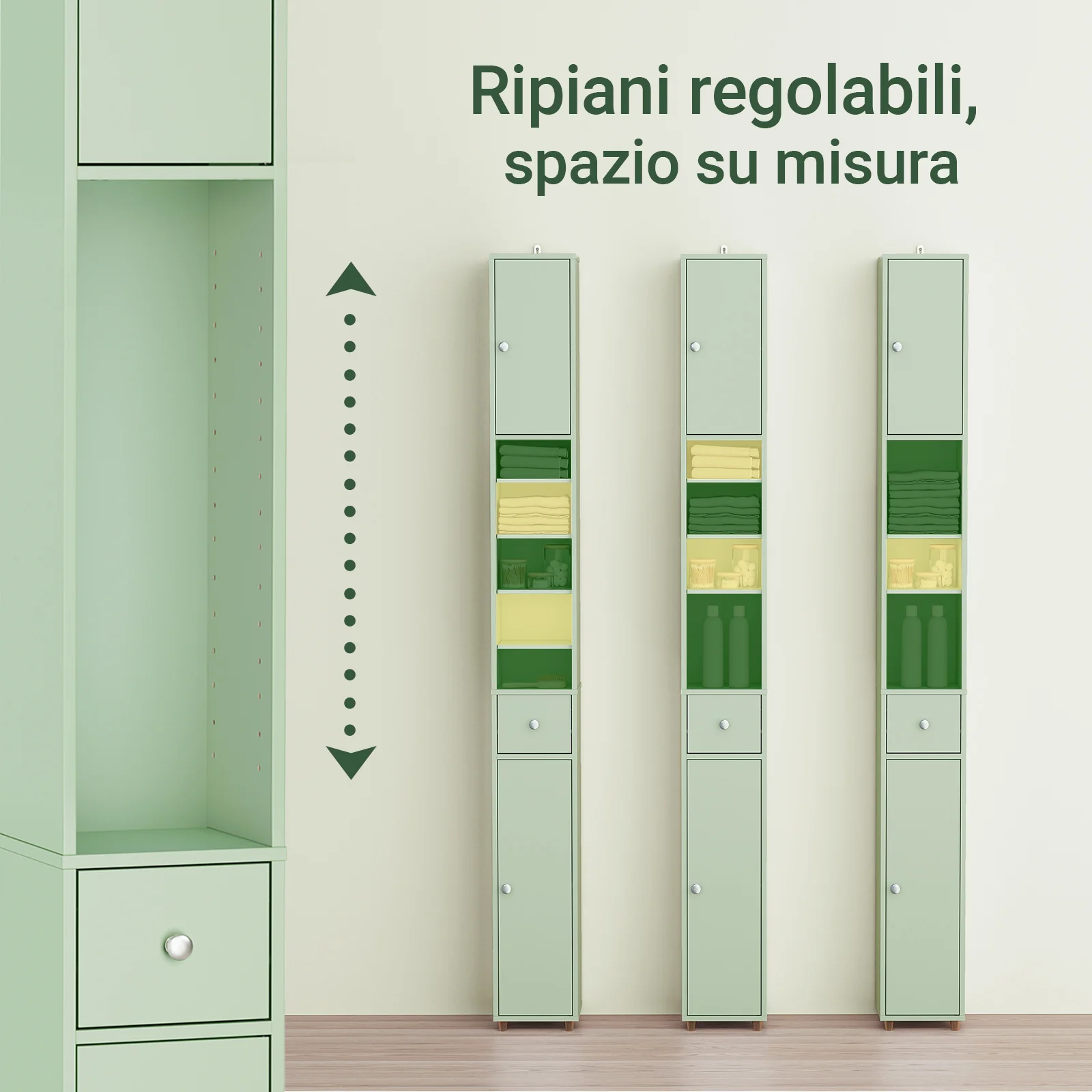SoBuy BZR34-II-GR Mueble Columna de Baño con 5 Estantes 2 Puertas y 1 Cajón Verde - Image 6