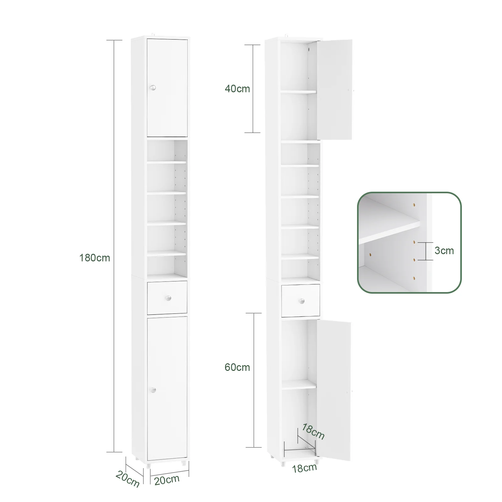 SoBuy BZR34-II-W Armario Estrecho con 2 Puertas y 1 cajón Blanco 20x20x180cm - Image 3