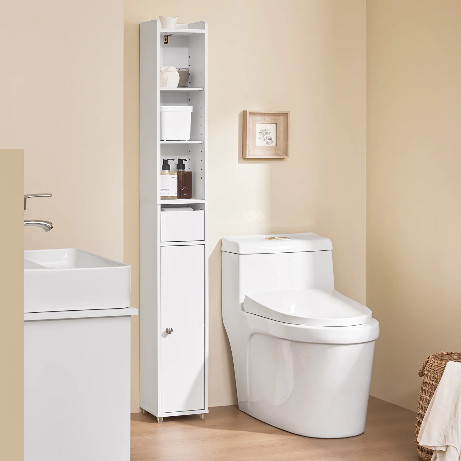 SoBuy BZR34-K-W Mueble columna de Baño Armario Almacenaje para Espacios Pequeños 20x20x145cm Blanco - Image 9