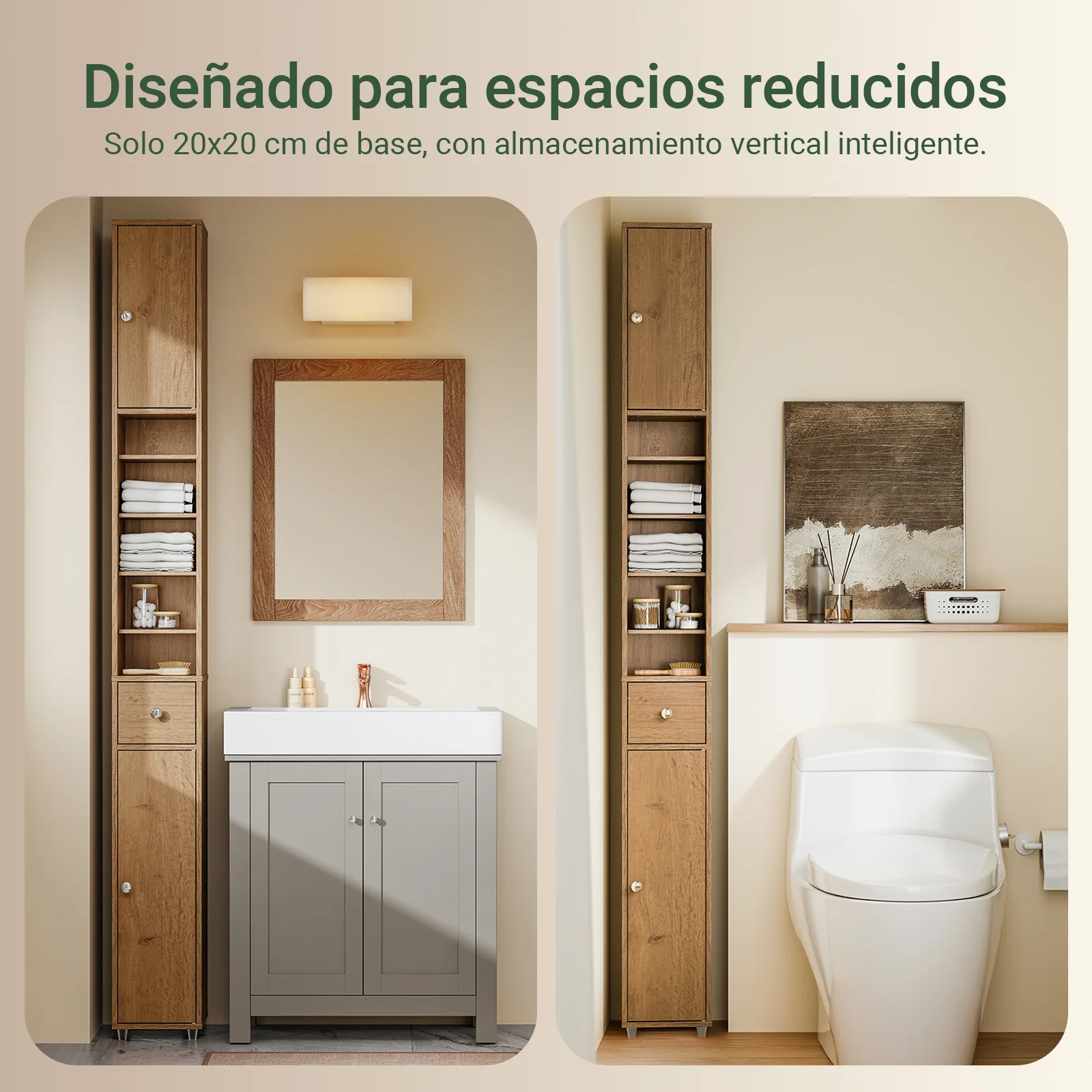 SoBuy BZR34-II-PF Mueble Columna de Baño con 5 Estantes Abiertos 2 Puertas y 1 Cajón Marrón - Image 10