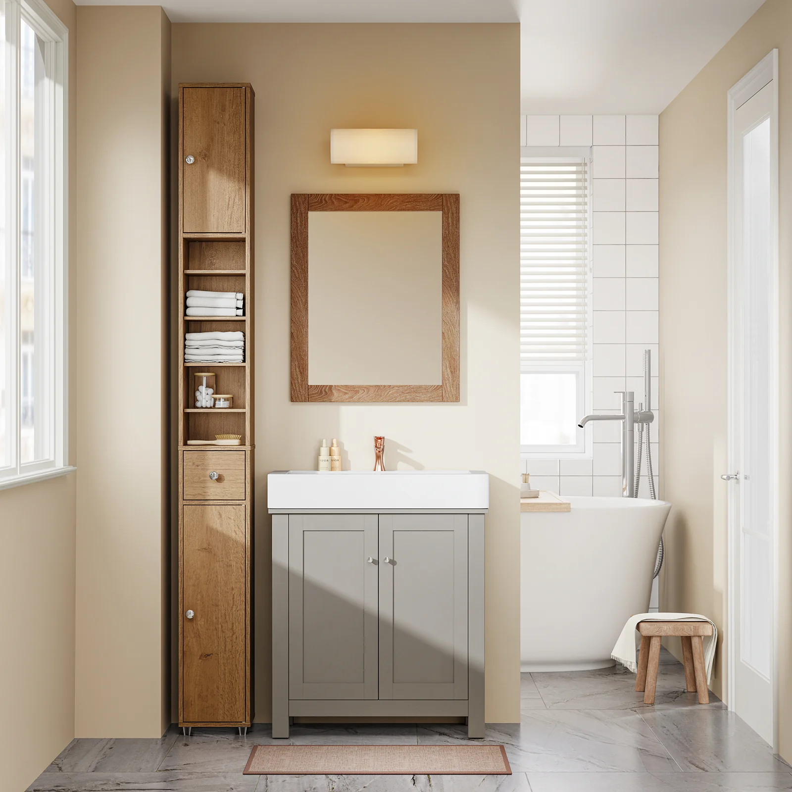 SoBuy BZR34-II-PF Mueble Columna de Baño con 5 Estantes Abiertos 2 Puertas y 1 Cajón Marrón - Image 2