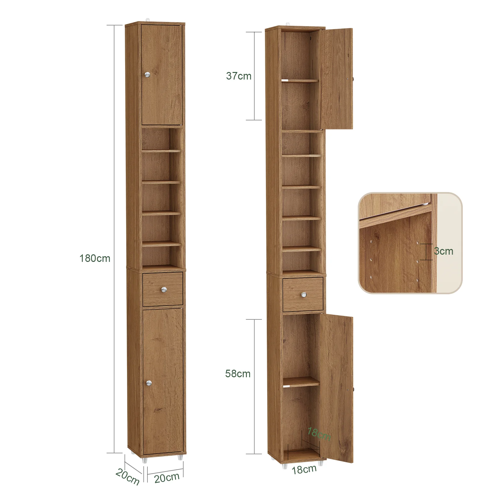 SoBuy BZR34-II-PF Mueble Columna de Baño con 5 Estantes Abiertos 2 Puertas y 1 Cajón Marrón - Image 3