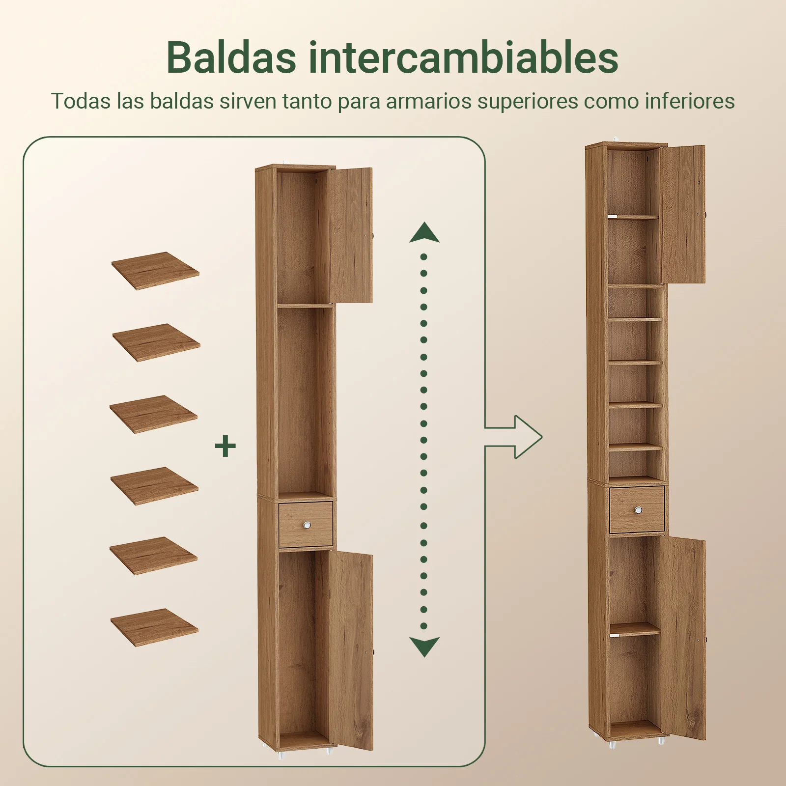 SoBuy BZR34-II-PF Mueble Columna de Baño con 5 Estantes Abiertos 2 Puertas y 1 Cajón Marrón - Image 5
