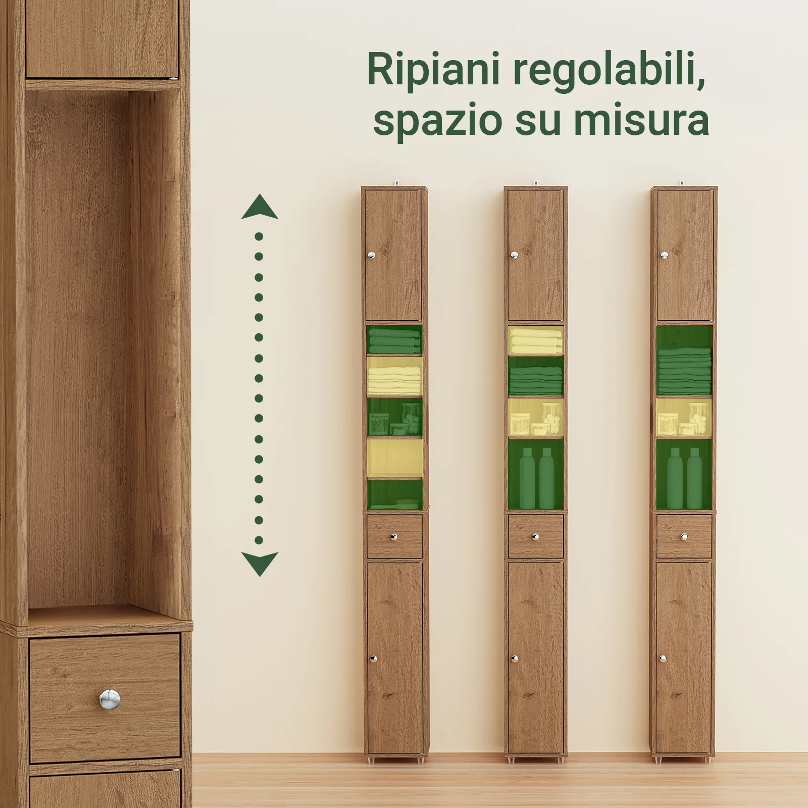 SoBuy BZR34-II-PF Mueble Columna de Baño con 5 Estantes Abiertos 2 Puertas y 1 Cajón Marrón - Image 6