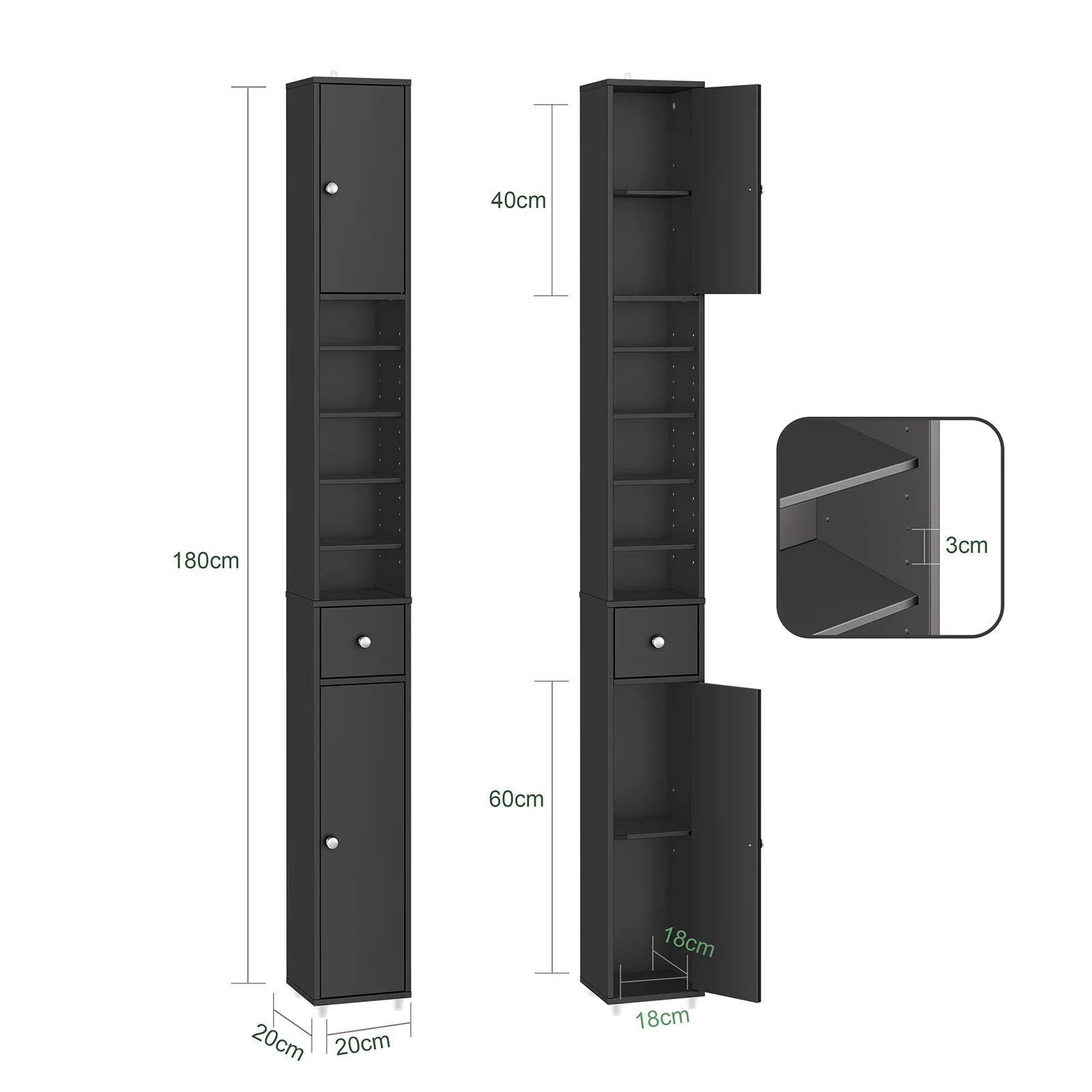 SoBuy BZR34-II-SCH Mueble Columna de Baño con 2 Puertas y 1 cajón Negro - Image 3