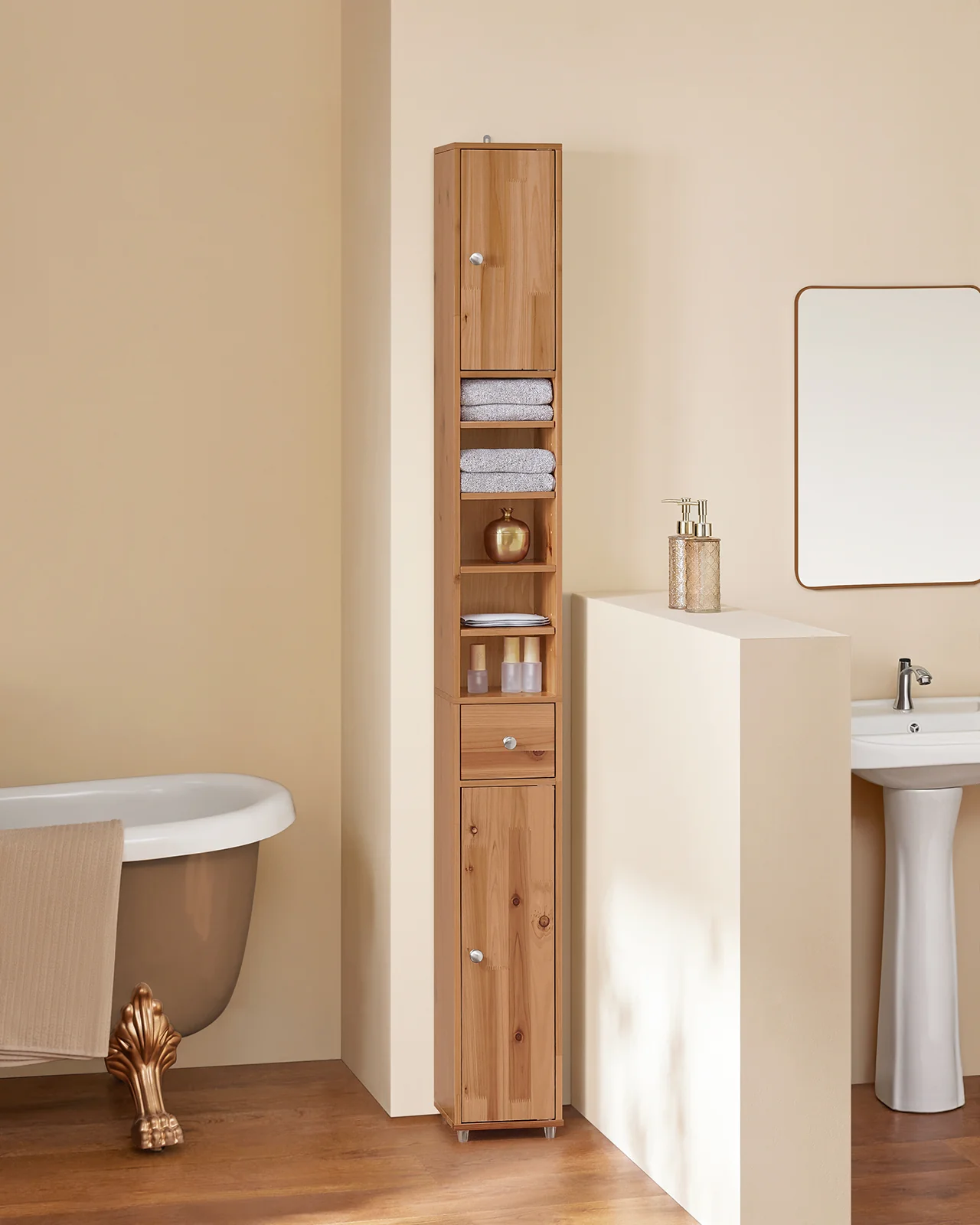SoBuy BZR34-II-SH Mueble Columna de Baño con 5 Estantes Abiertos 2 Puertas y 1 Cajón Natural 20 x 20 x 180 cm - Image 2