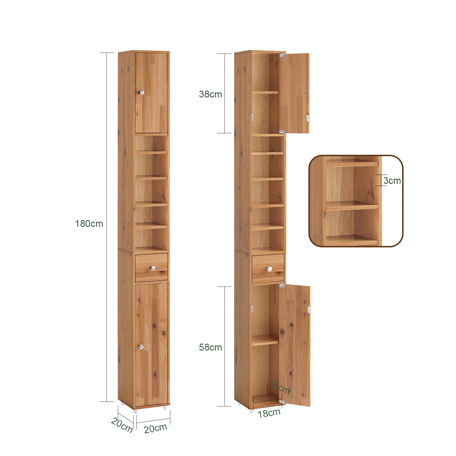 SoBuy BZR34-II-SH Mueble Columna de Baño con 5 Estantes Abiertos 2 Puertas y 1 Cajón Natural 20 x 20 x 180 cm - Image 3