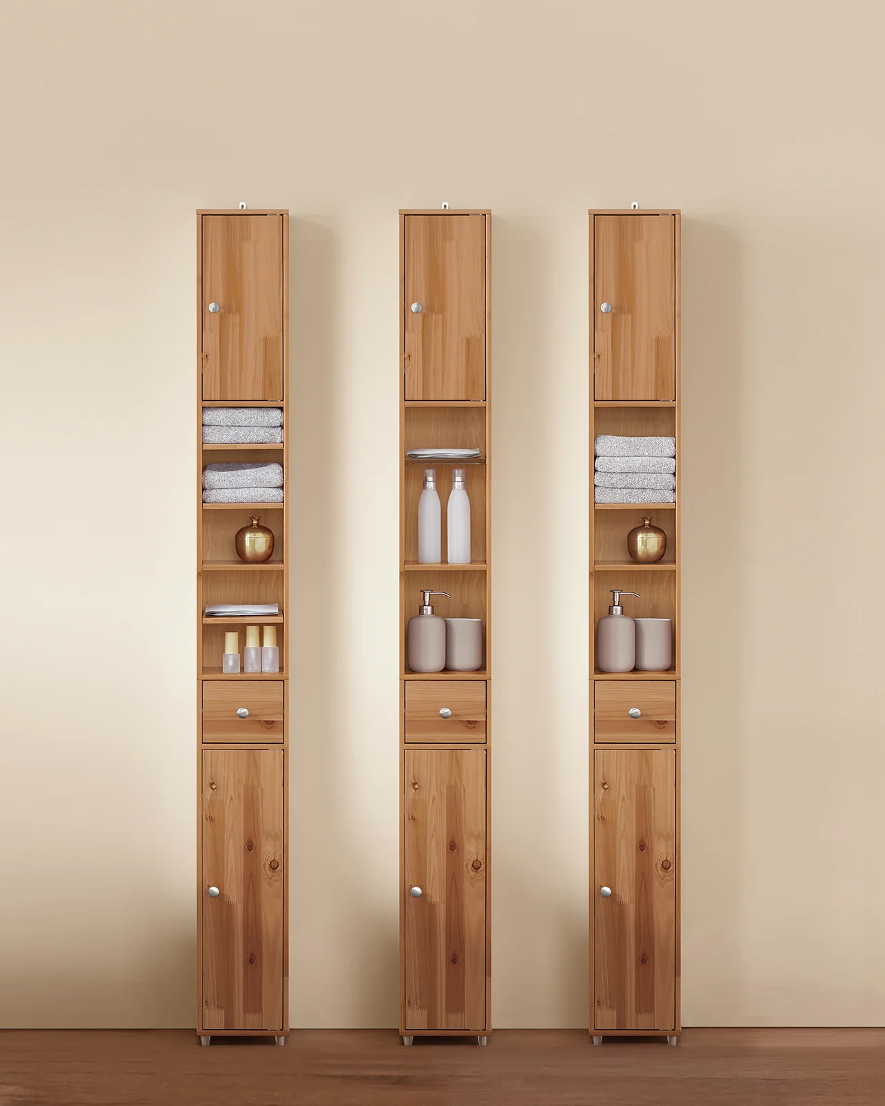 SoBuy BZR34-II-SH Mueble Columna de Baño con 5 Estantes Abiertos 2 Puertas y 1 Cajón Natural 20 x 20 x 180 cm - Image 4