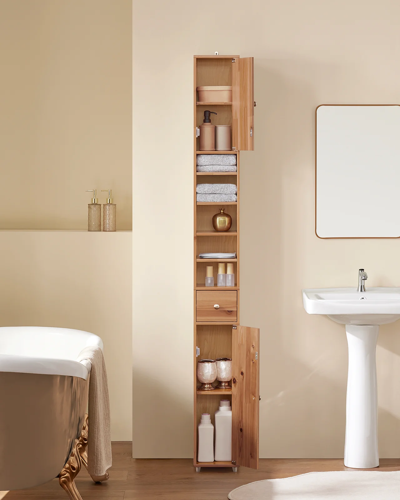 SoBuy BZR34-II-SH Mueble Columna de Baño con 5 Estantes Abiertos 2 Puertas y 1 Cajón Natural 20 x 20 x 180 cm - Image 5
