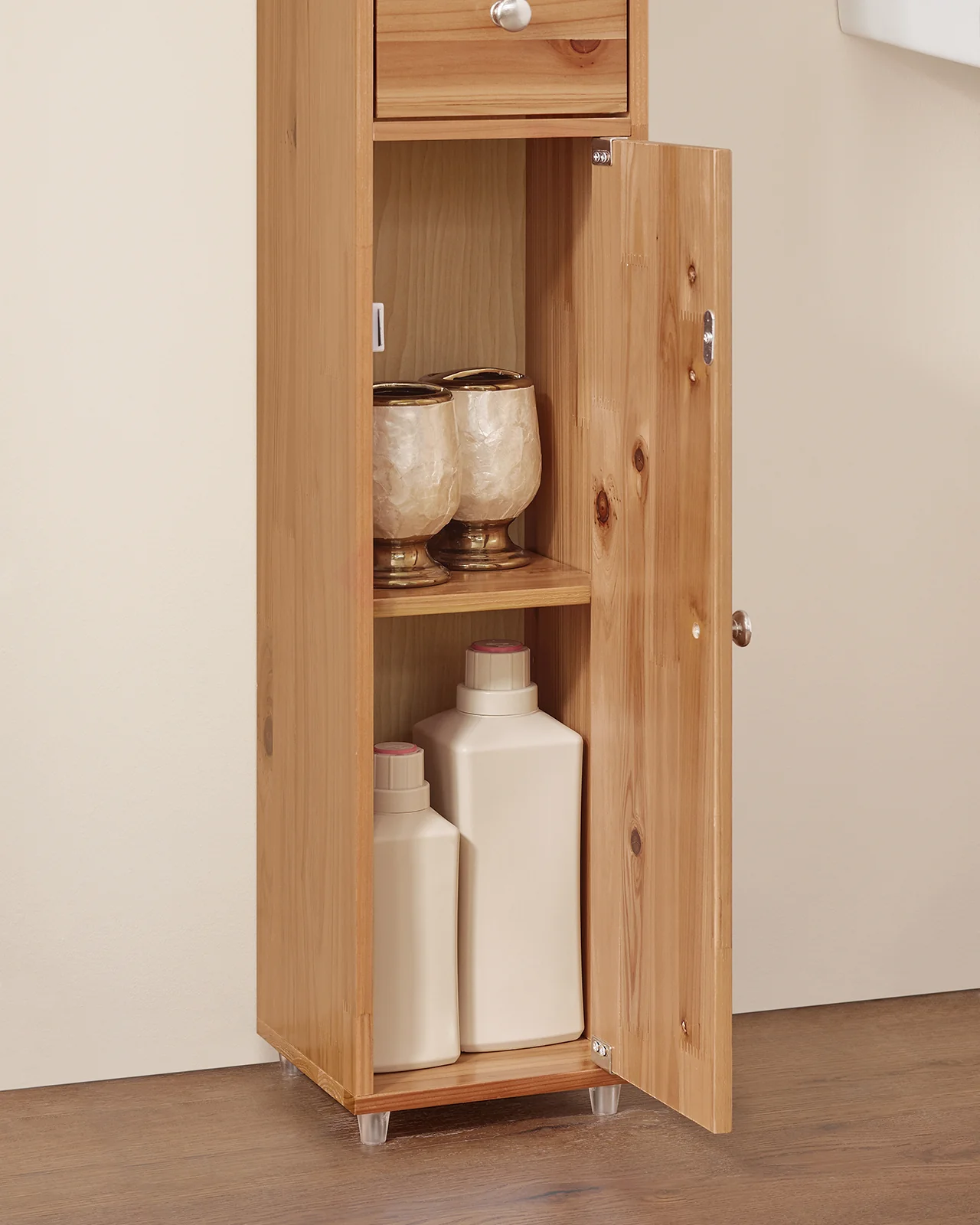 SoBuy BZR34-II-SH Mueble Columna de Baño con 5 Estantes Abiertos 2 Puertas y 1 Cajón Natural 20 x 20 x 180 cm - Image 8