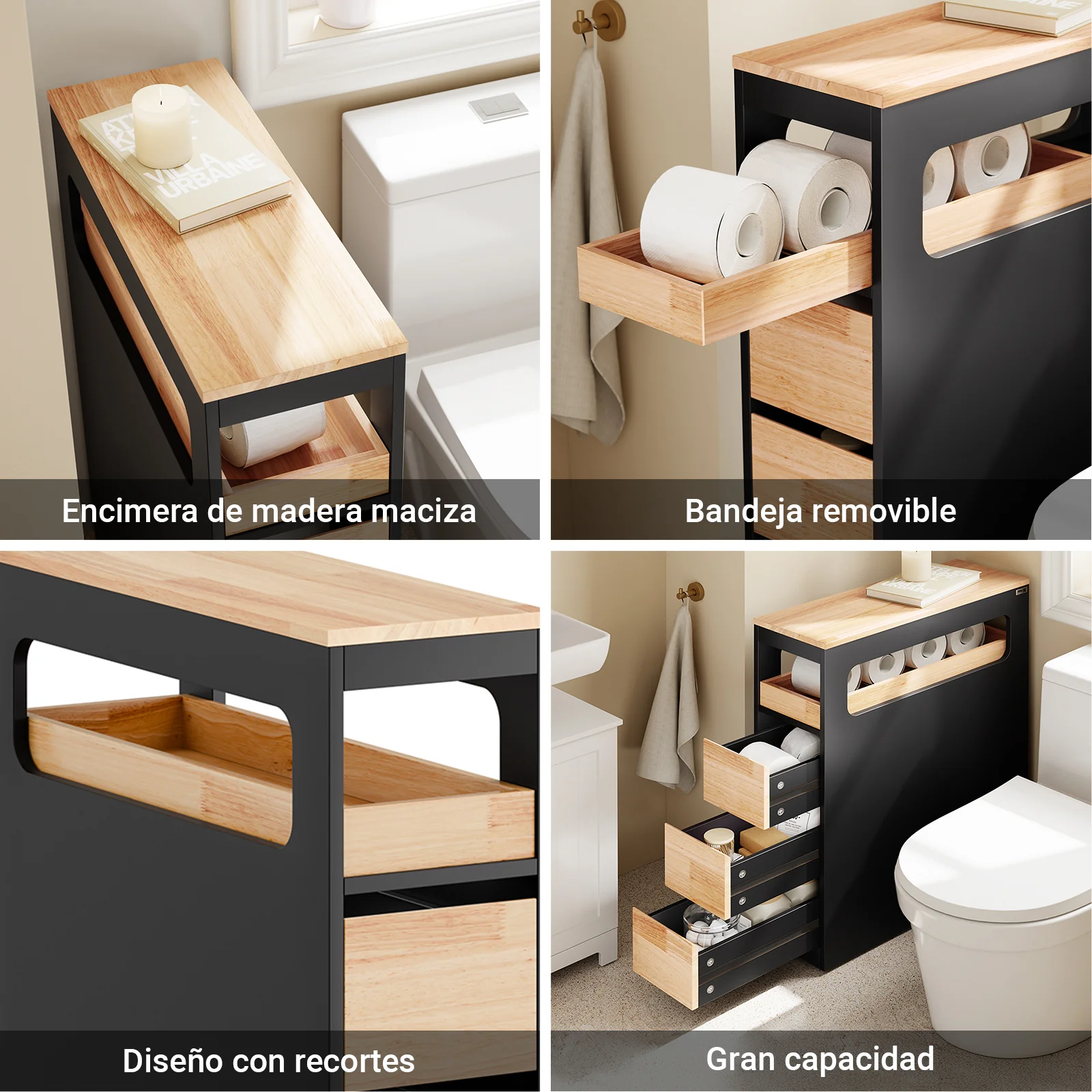 Preventa-SoBuy BZR54-II-SCH Carrito de Baño Estrecho con 1 Bandeja Extraíble y 3 Cajones Negro - Image 7