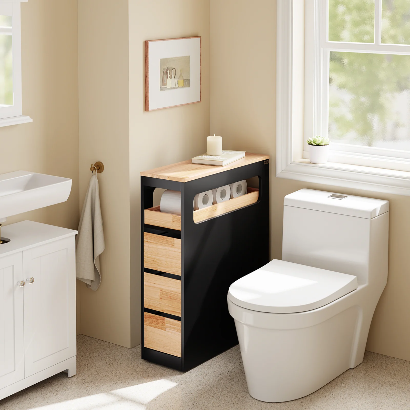 Preventa-SoBuy BZR54-II-SCH Carrito de Baño Estrecho con 1 Bandeja Extraíble y 3 Cajones Negro - Image 8