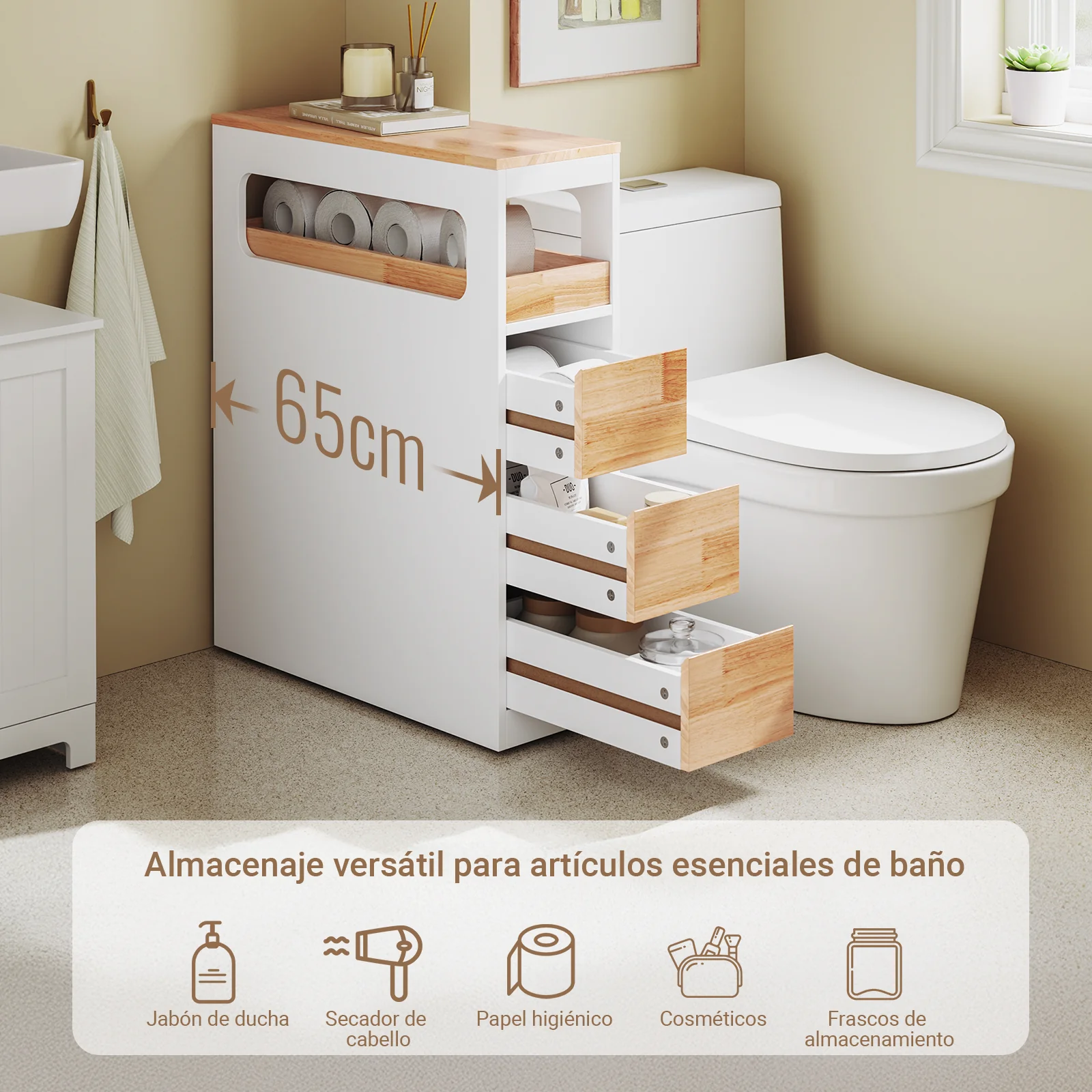 Preventa-SoBuy BZR54-IV-WN Carrito de Baño Estrecho Estantería para Nichos Móvil con 3 Cajones - Image 5