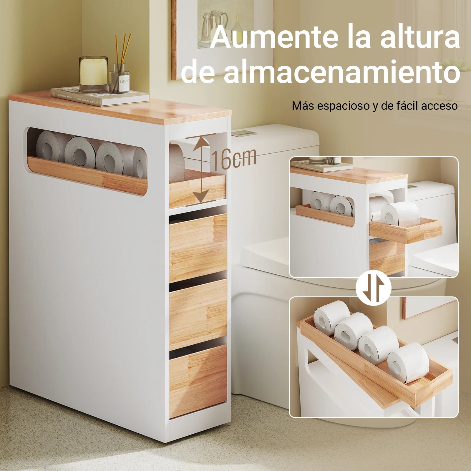 Preventa-SoBuy BZR54-IV-WN Carrito de Baño Estrecho Estantería para Nichos Móvil con 3 Cajones - Image 6