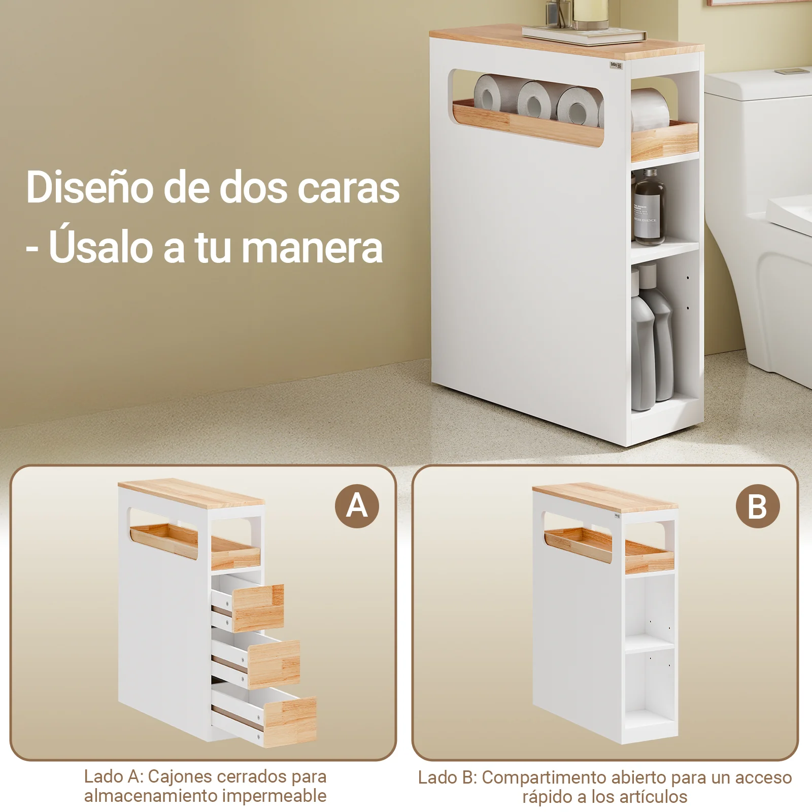 Preventa-SoBuy BZR54-IV-WN Carrito de Baño Estrecho Estantería para Nichos Móvil con 3 Cajones - Image 7