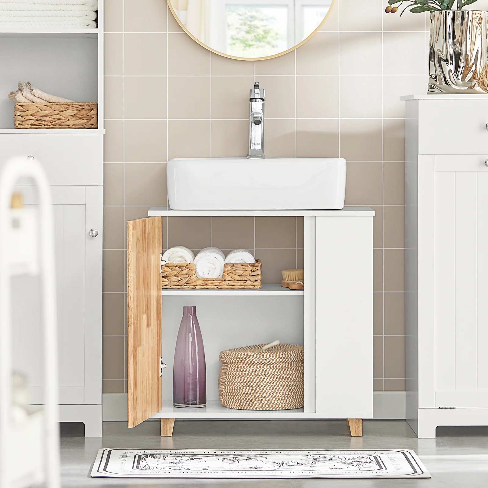 SoBuy BZR75-W Mueble para Debajo del Lavabo con 2 Estantes y 1 Puerta Blanco y Madera - Image 2