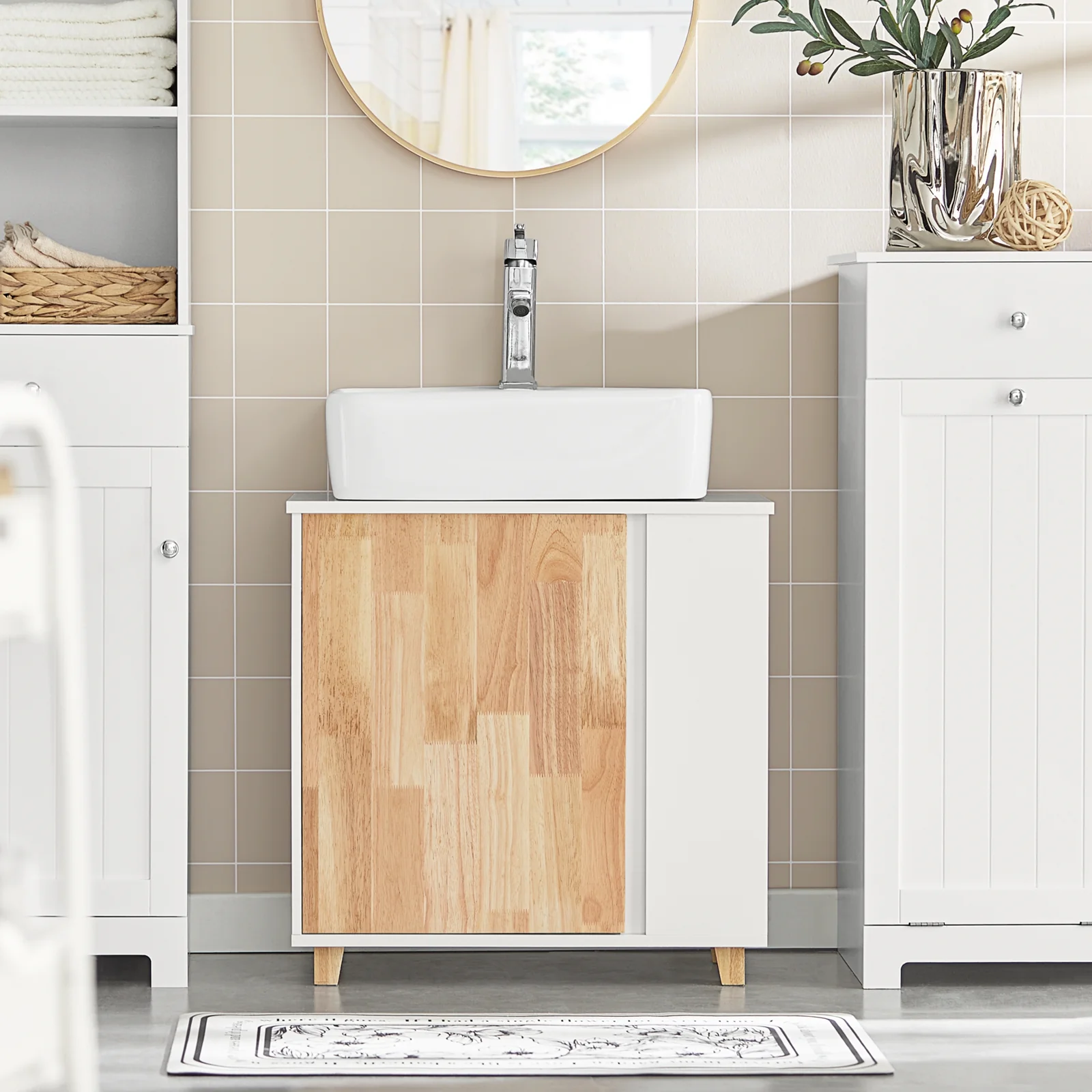 SoBuy BZR75-W Mueble para Debajo del Lavabo con 2 Estantes y 1 Puerta Blanco y Madera - Image 4
