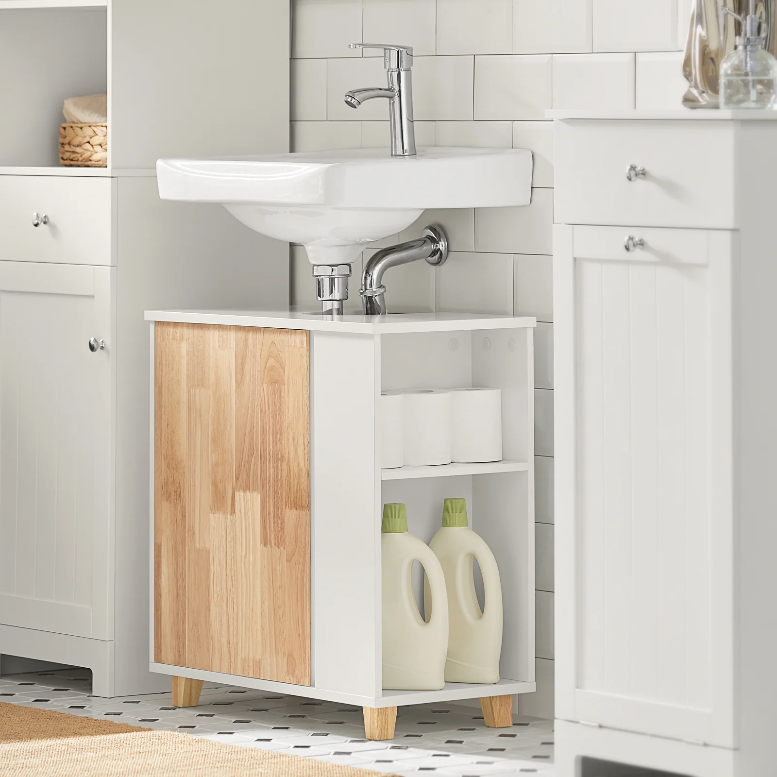 SoBuy BZR75-W Mueble para Debajo del Lavabo con 2 Estantes y 1 Puerta Blanco y Madera - Image 5