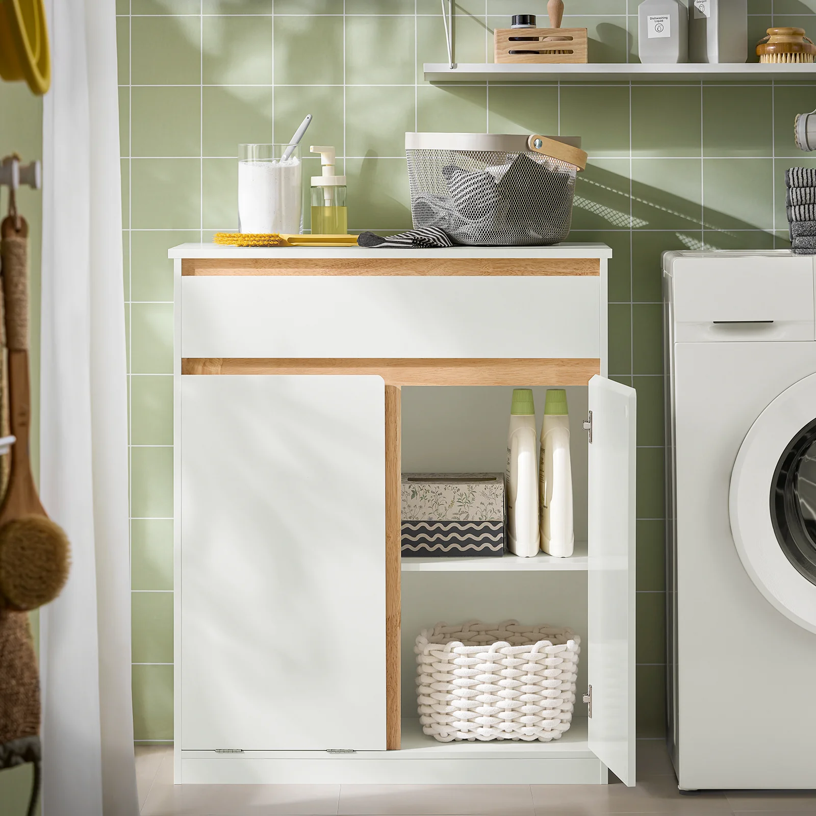 SoBuy BZR79-W Armario de Baño con Cesto para ropa Sucia Blanco - Image 2