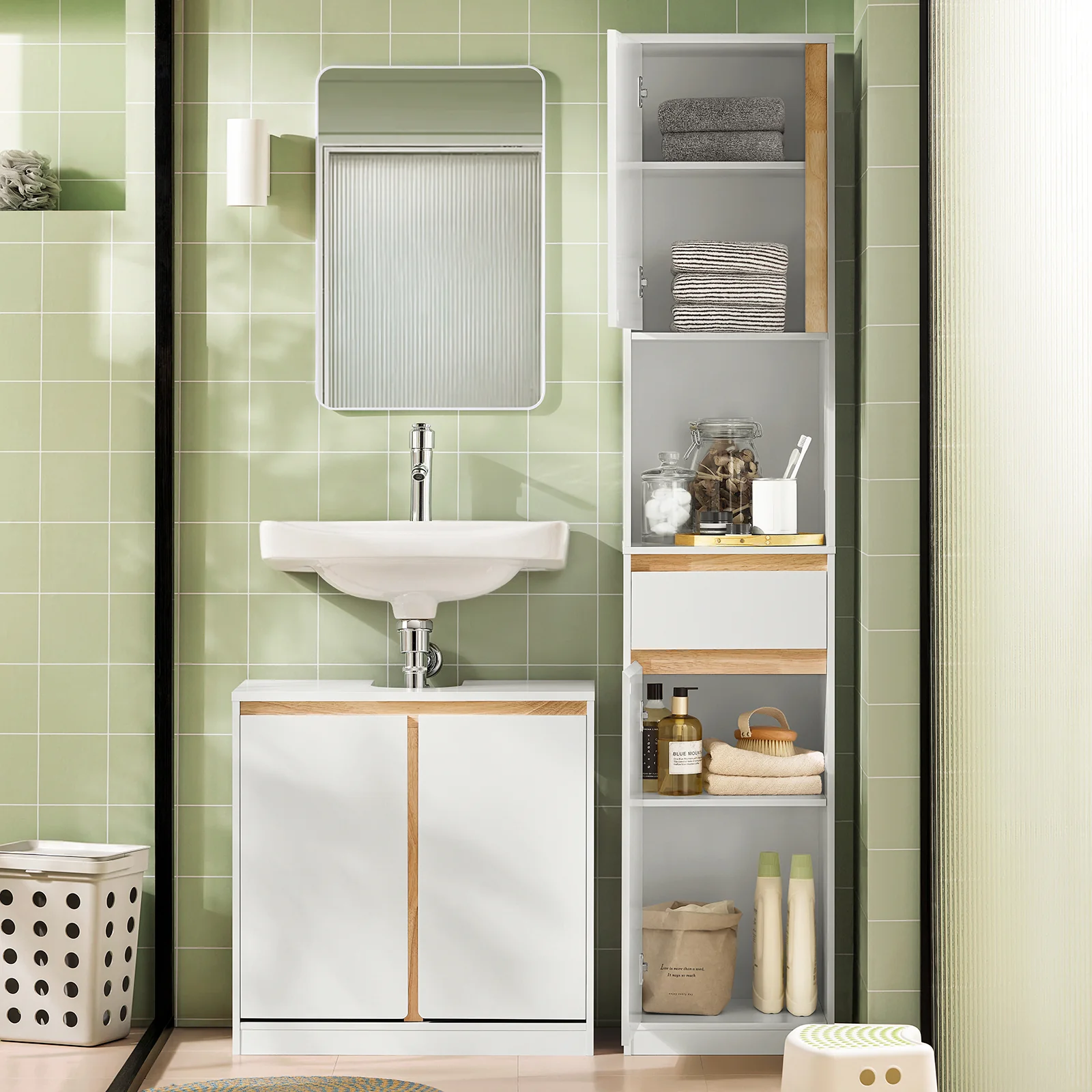 SoBuy BZR80-W Armario Alto para baño con 1 Cajón y 2 Puertas Blanco 35 x 33 x 170 cm - Image 2