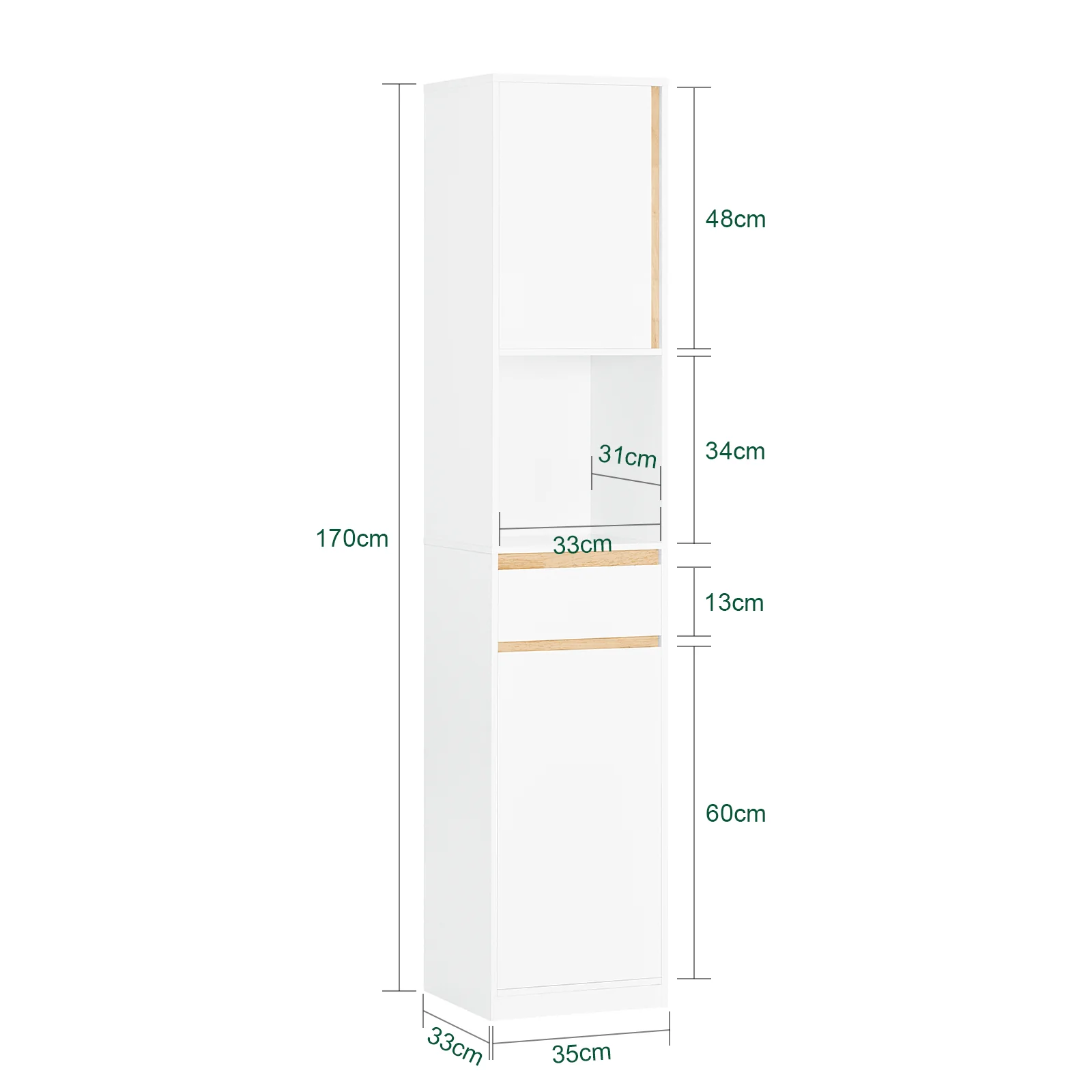 SoBuy BZR80-W Armario Alto para baño con 1 Cajón y 2 Puertas Blanco 35 x 33 x 170 cm - Image 3