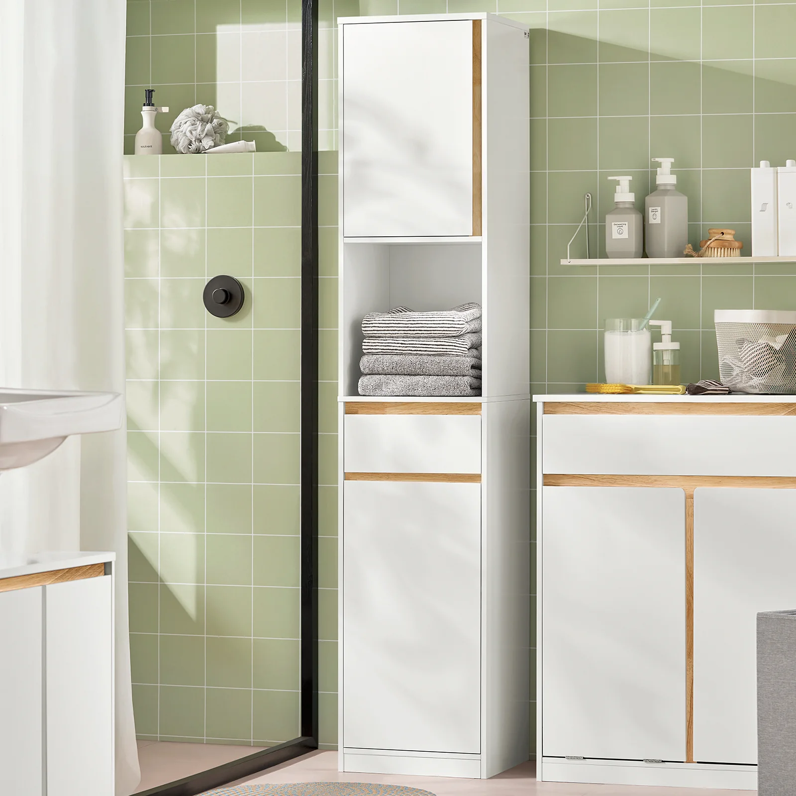 SoBuy BZR80-W Armario Alto para baño con 1 Cajón y 2 Puertas Blanco 35 x 33 x 170 cm - Image 4