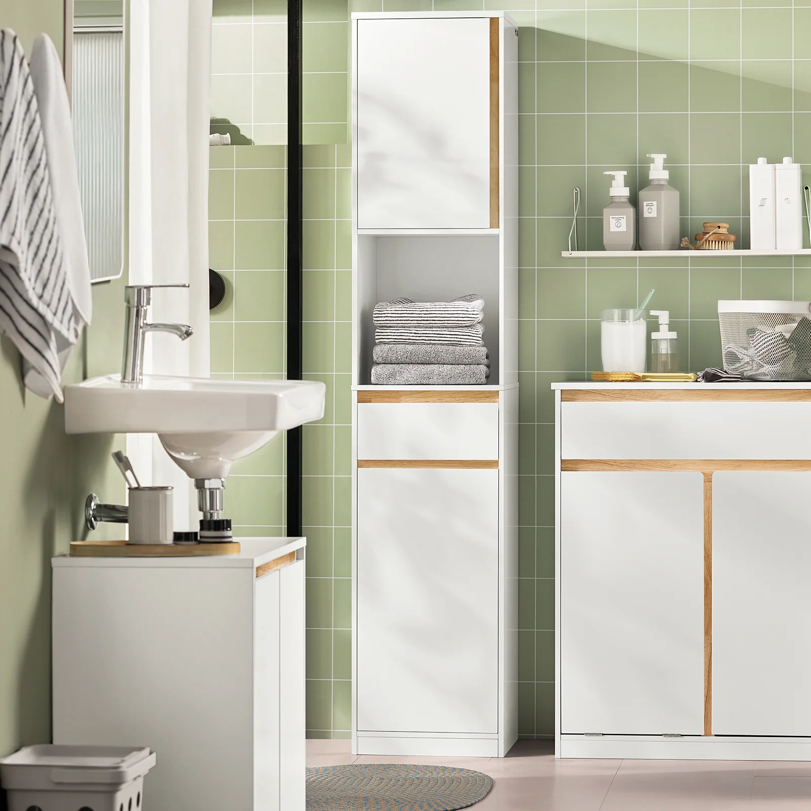 SoBuy BZR80-W Armario Alto para baño con 1 Cajón y 2 Puertas Blanco 35 x 33 x 170 cm - Image 5