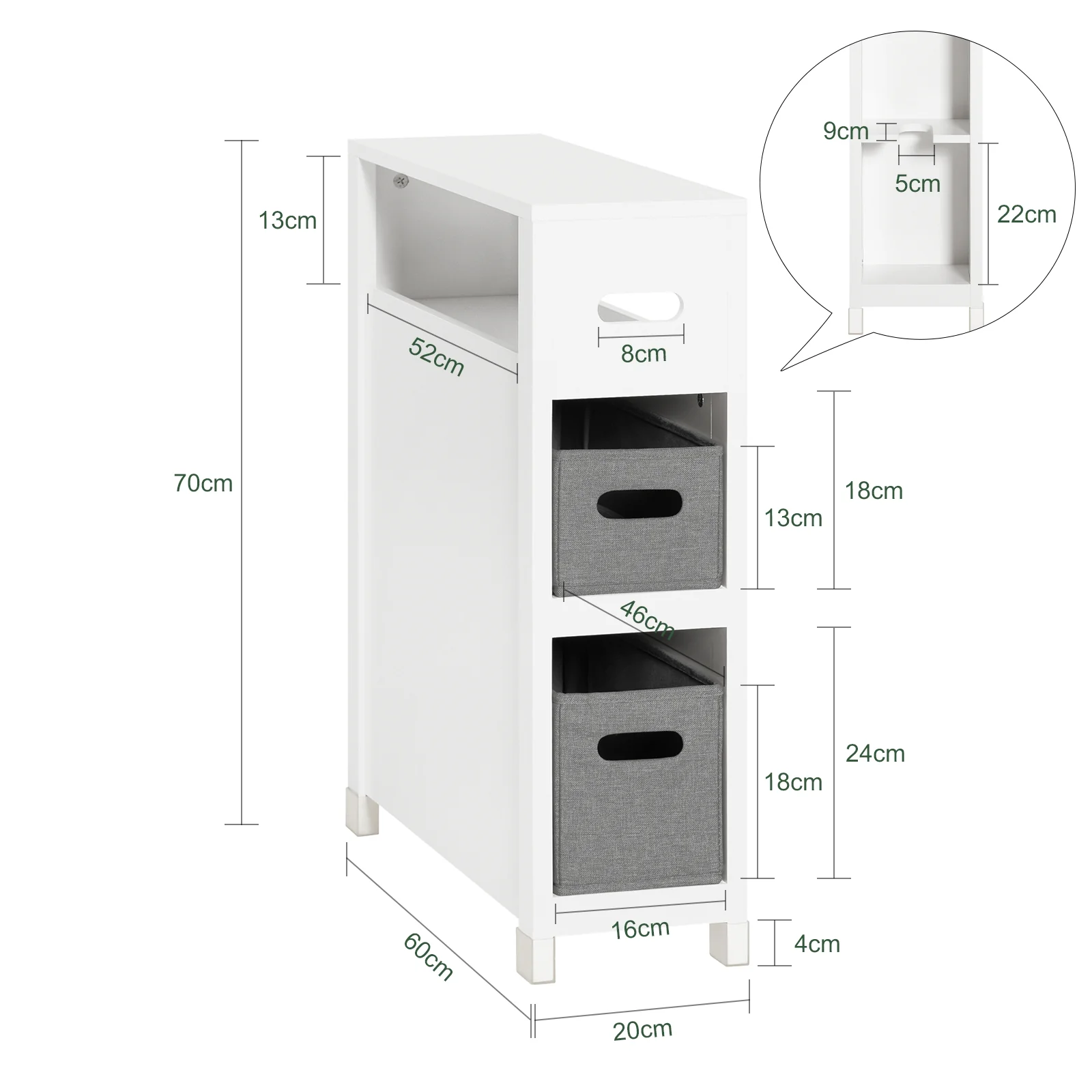 SoBuy BZR83-W Mueble de Baño con 1 Estante 2 Cestos 60 x 20 x 70 - Image 3