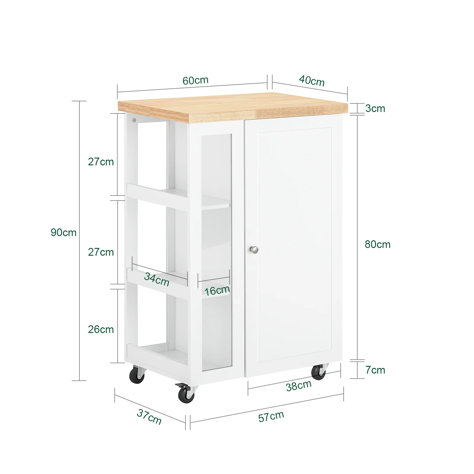 SoBuy FKW75-WN Carrito de Cocina Multifuncional con 3 estantes y 1 Puerta 60x92x45cm Blanco - Image 3