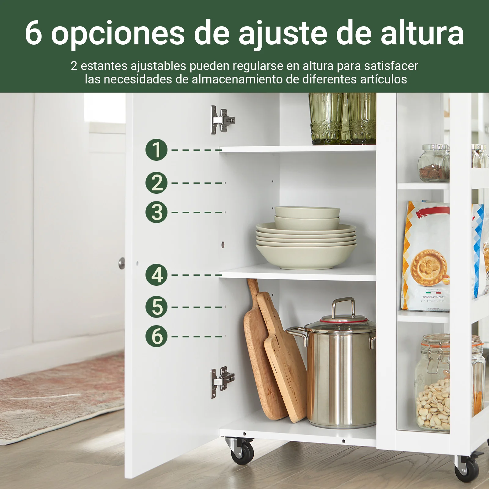 SoBuy FKW75-WN Carrito de Cocina Multifuncional con 3 estantes y 1 Puerta 60x92x45cm Blanco - Image 6