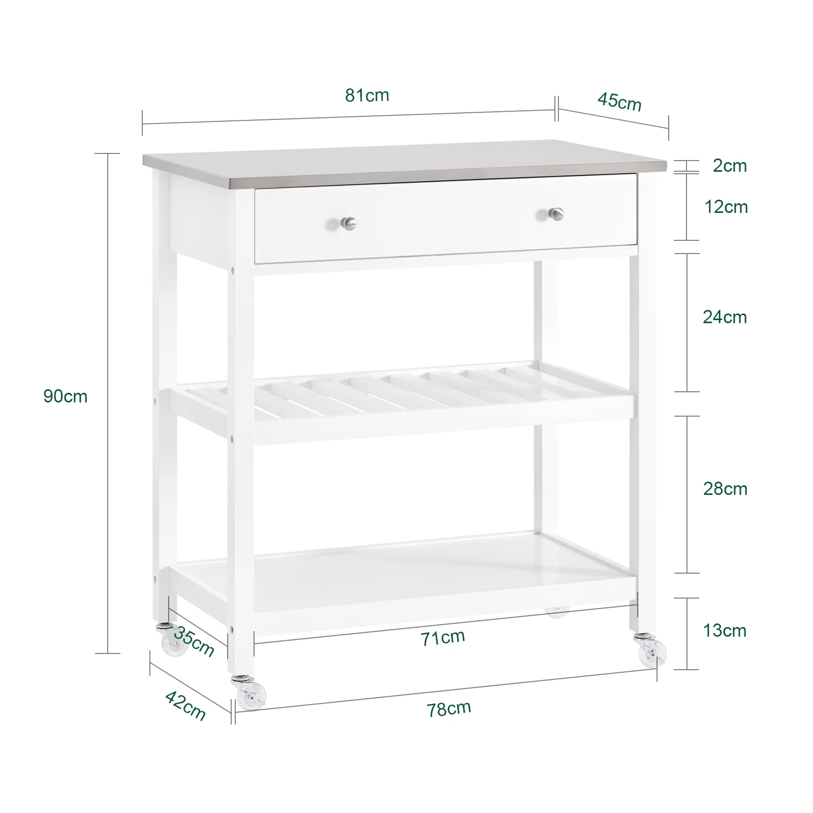SoBuy FKW47-II-W Carrito de Servir con Encimera de Acero Inoxidable 2 Estantes y 2 cajones 81x90x45cm - Image 3