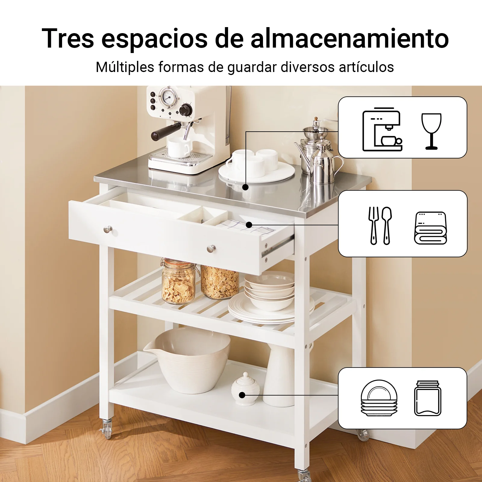 SoBuy FKW47-II-W Carrito de Servir con Encimera de Acero Inoxidable 2 Estantes y 2 cajones 81x90x45cm - Image 4