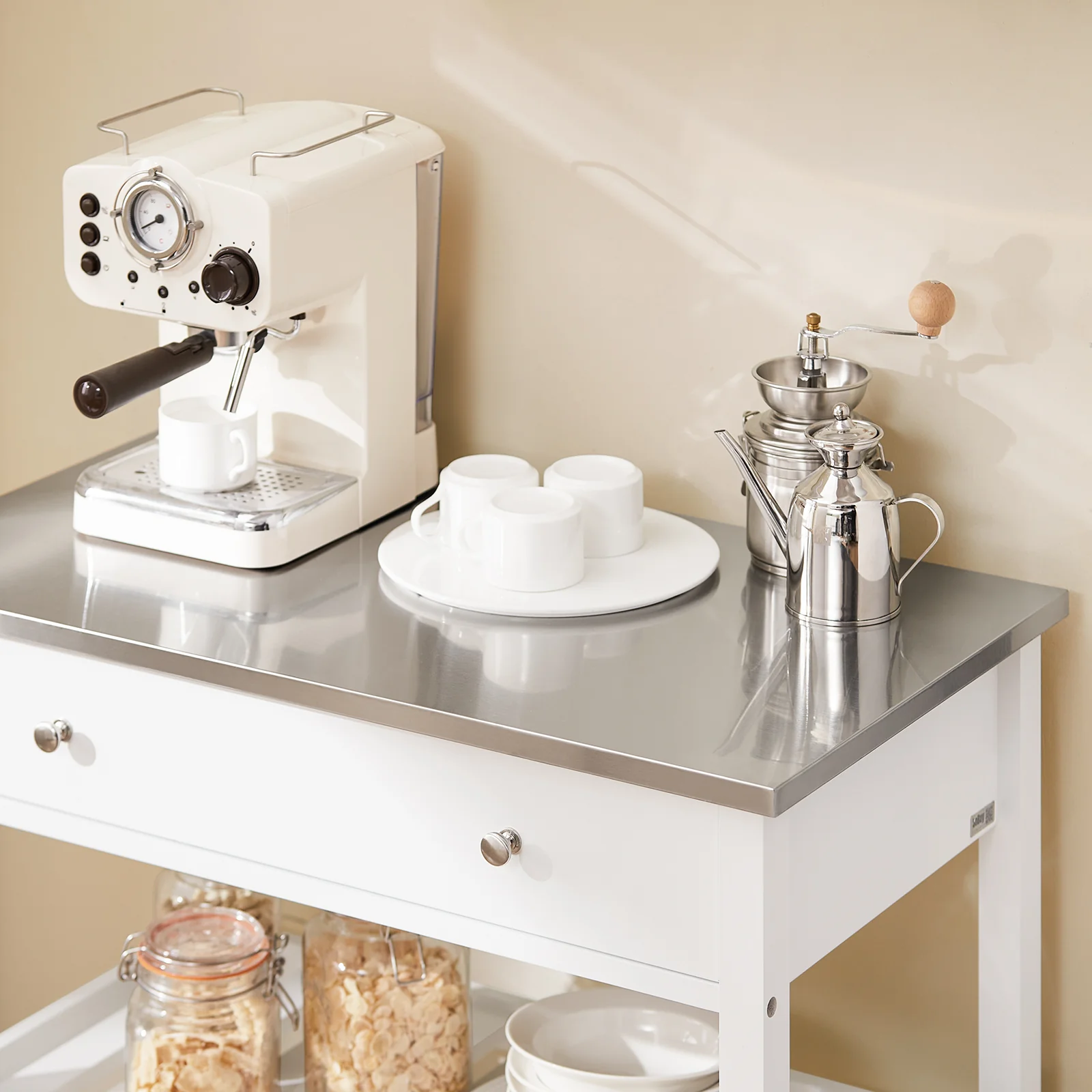 SoBuy FKW47-II-W Carrito de Servir con Encimera de Acero Inoxidable 2 Estantes y 2 cajones 81x90x45cm - Image 8