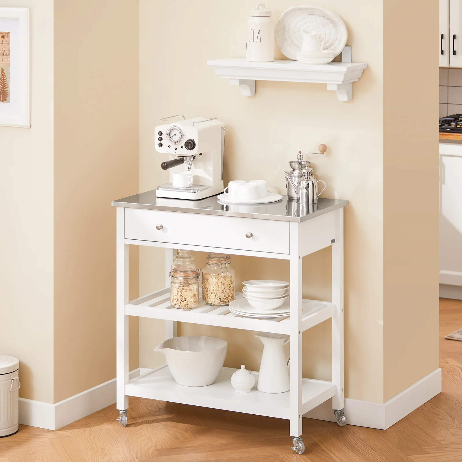 SoBuy FKW47-II-W Carrito de Servir con Encimera de Acero Inoxidable 2 Estantes y 2 cajones 81x90x45cm - Image 9