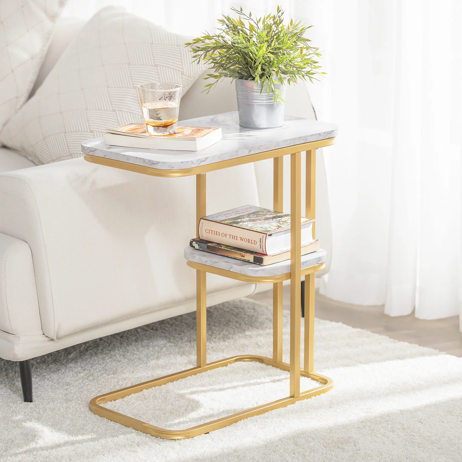 SoBuy FBT110-G Mesa Auxiliar de café con 2 Estantes Dorado - Image 4