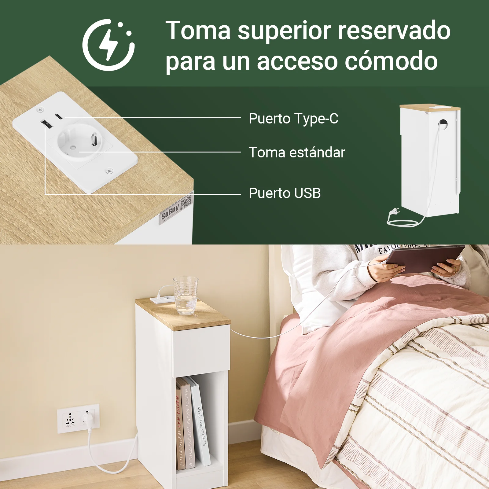 SoBuy FBT111-E-WNx2 Set de 2 Mesita de noche delgada con estación de carga Blanco - Image 4
