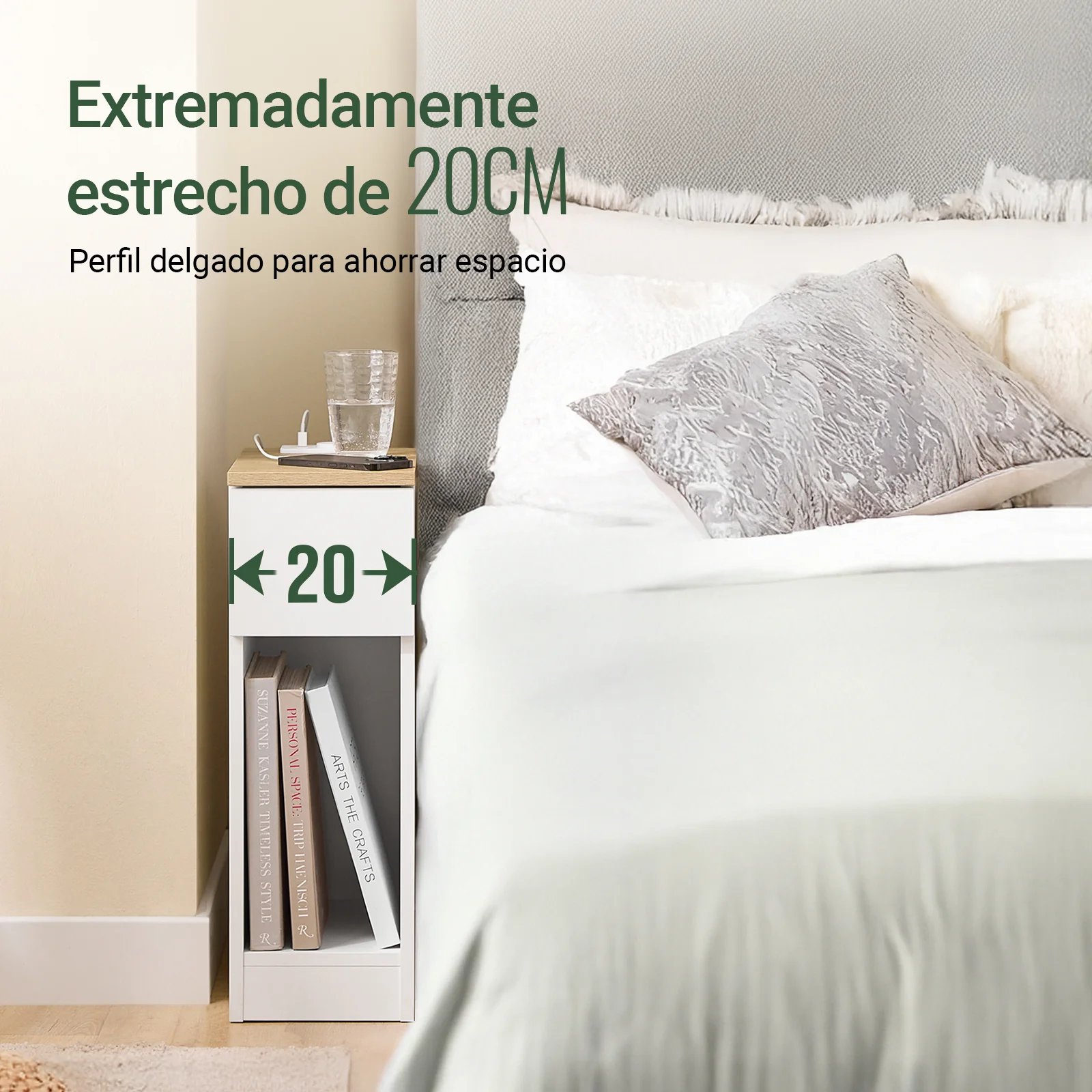 SoBuy FBT111-E-WNx2 Set de 2 Mesita de noche delgada con estación de carga Blanco - Image 6